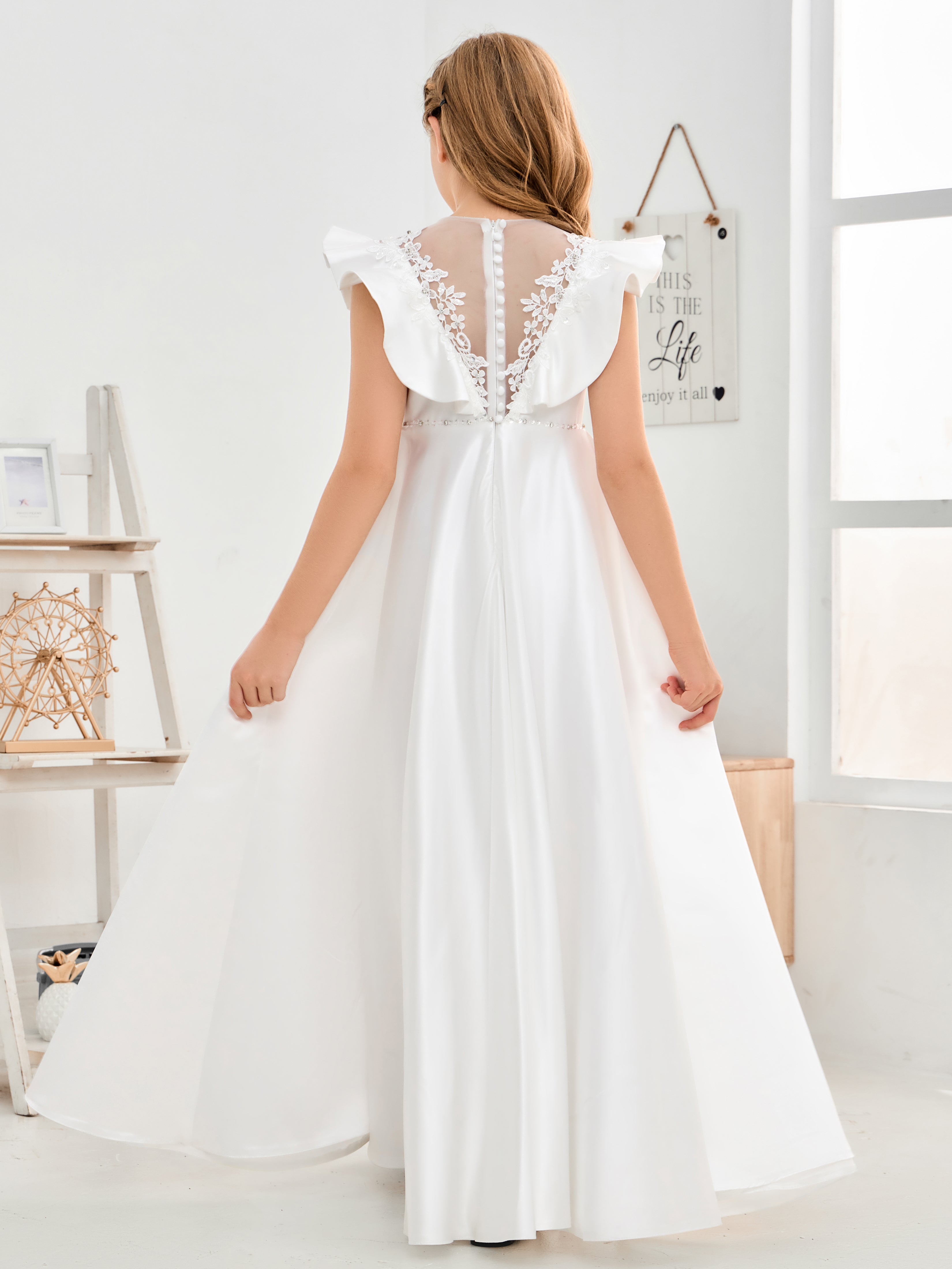 Ruffle Sleeves Yarn Back Satin Tulle Long Flower Girl Dresses