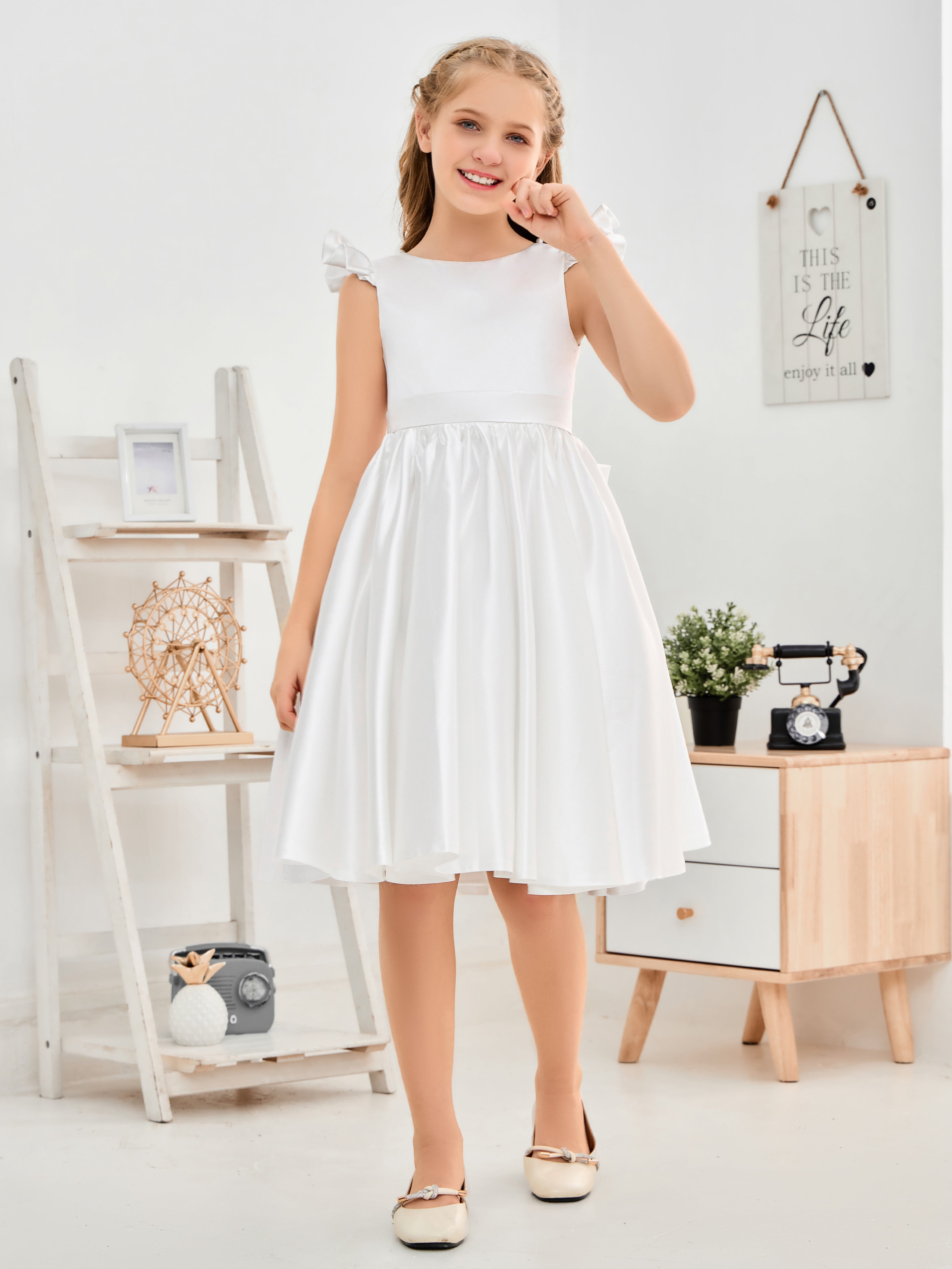 Ruffles Sleeves Knee Length Satin Flower Girl Dresses