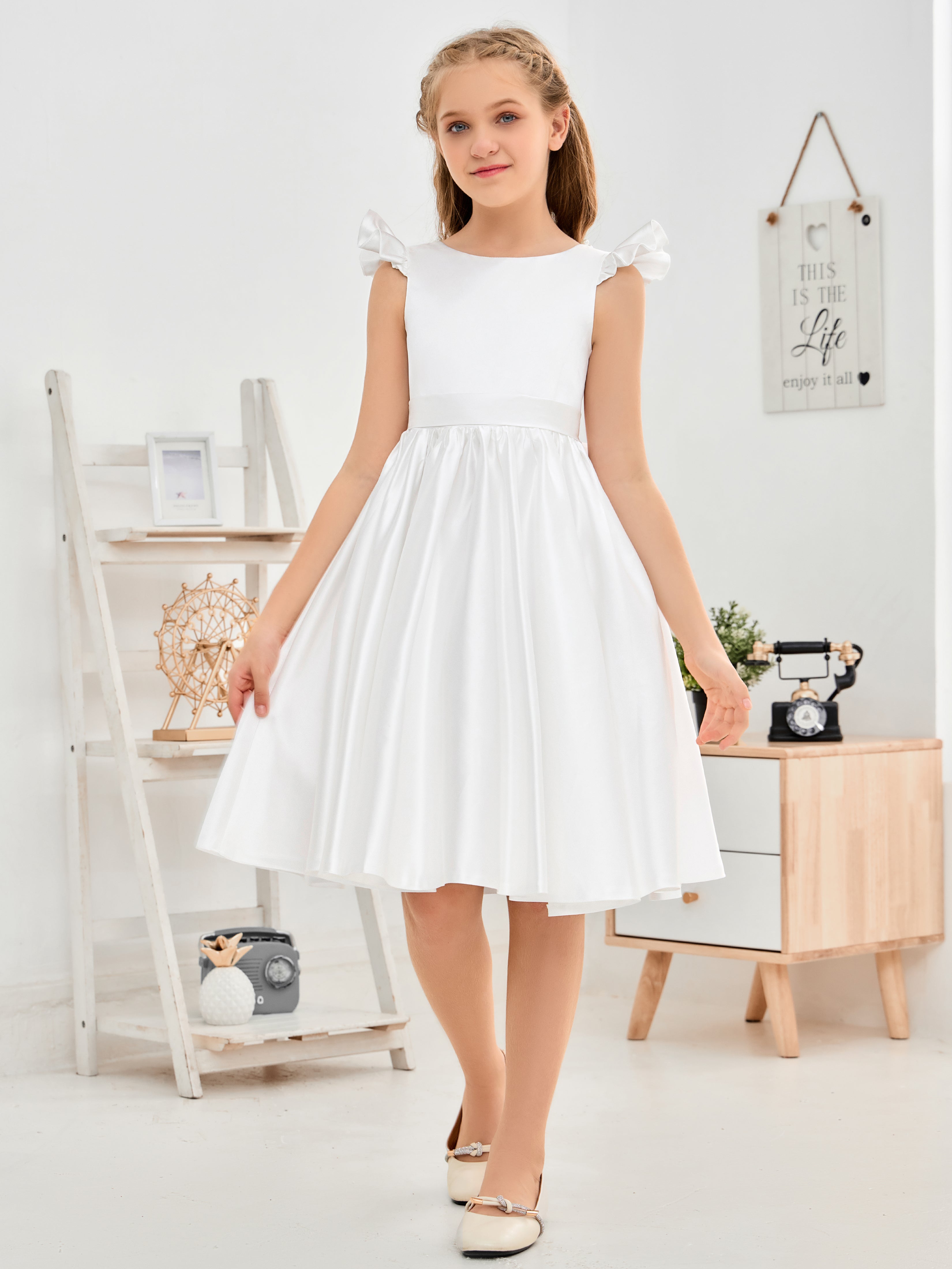 Ruffles Sleeves Knee Length Satin Flower Girl Dresses