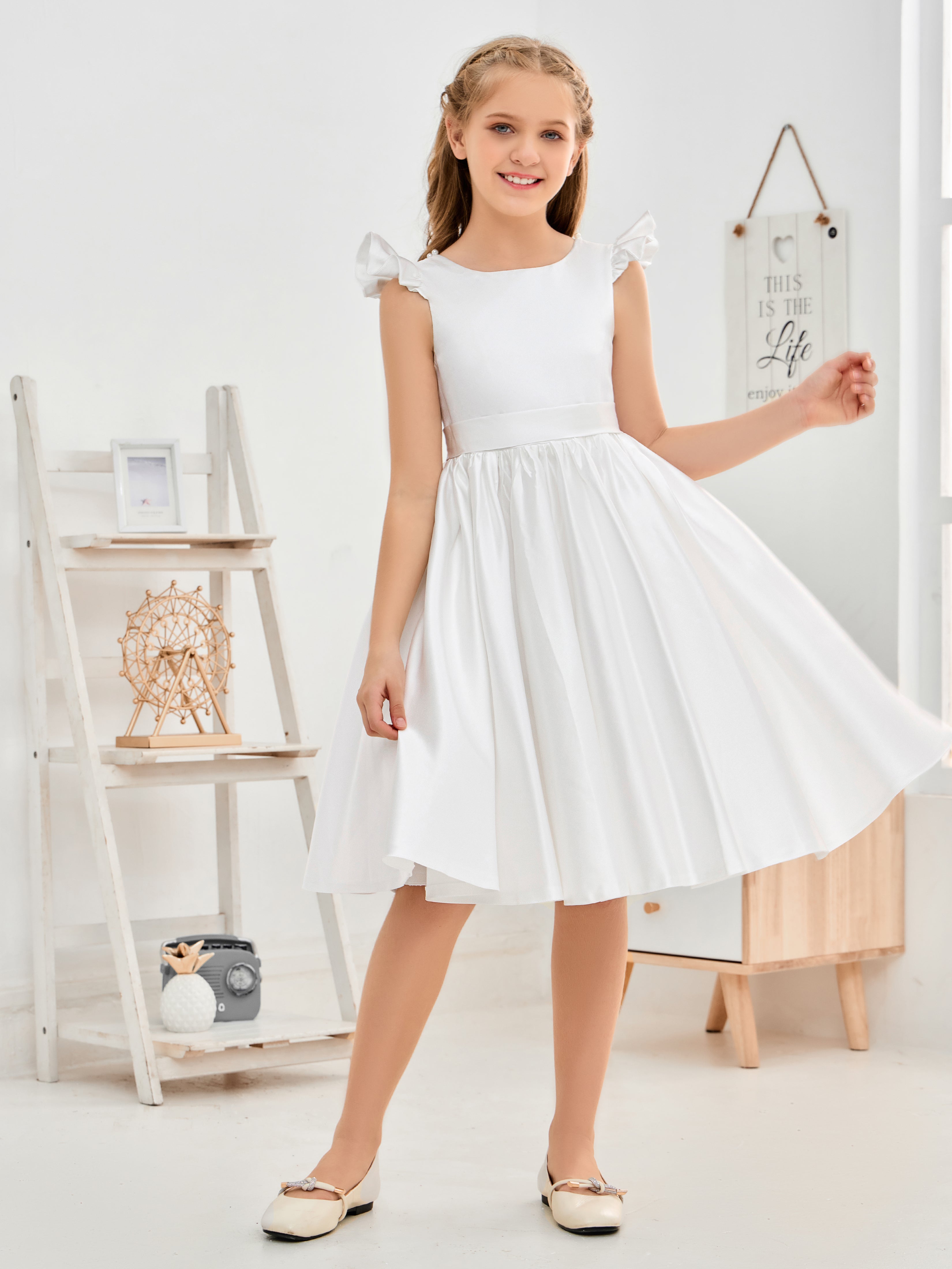 Ruffles Sleeves Knee Length Satin Flower Girl Dresses