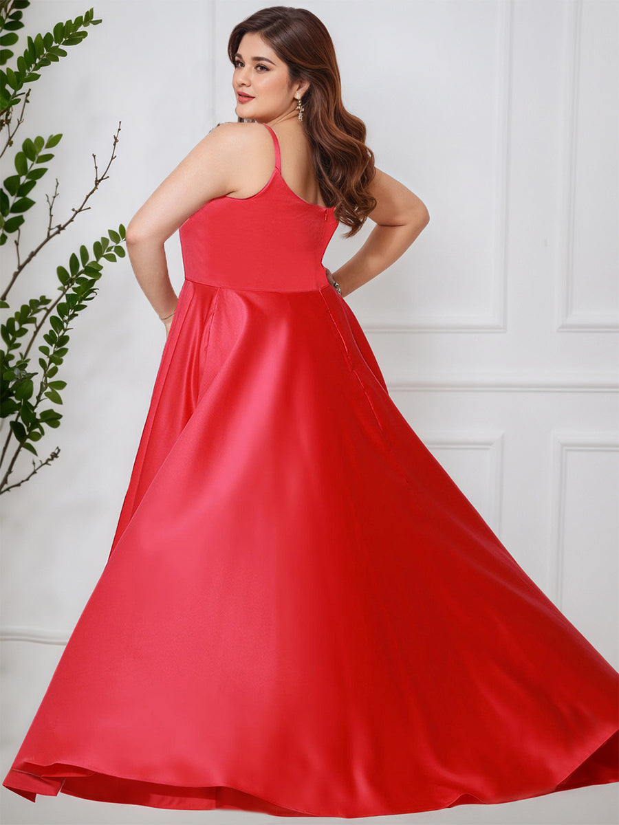 Cicinia Red A-Line Sleeveless Floor Length Plus Size Prom Dress with Split