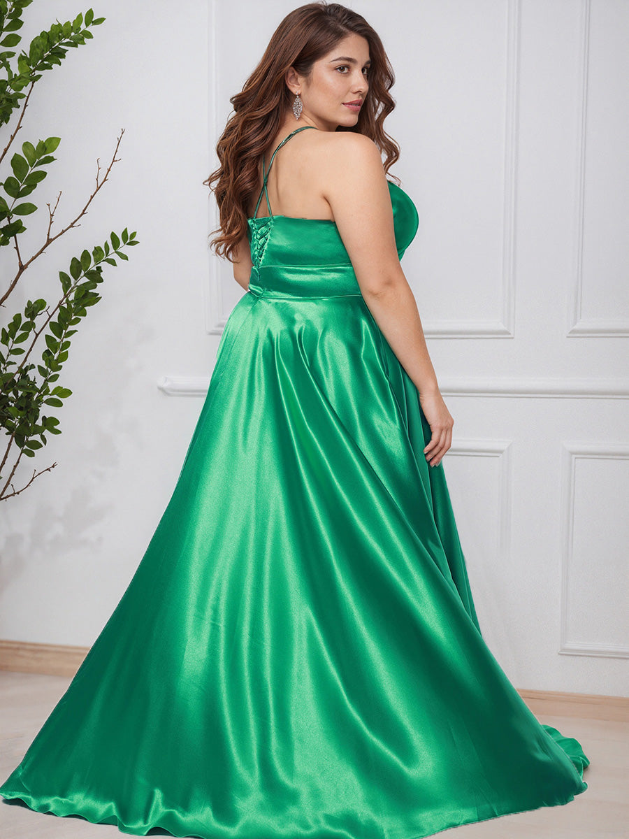 Cicinia Green Plus Size Prom Dress A-Line Long Soft Satin Spaghetti Straps Evening Gown