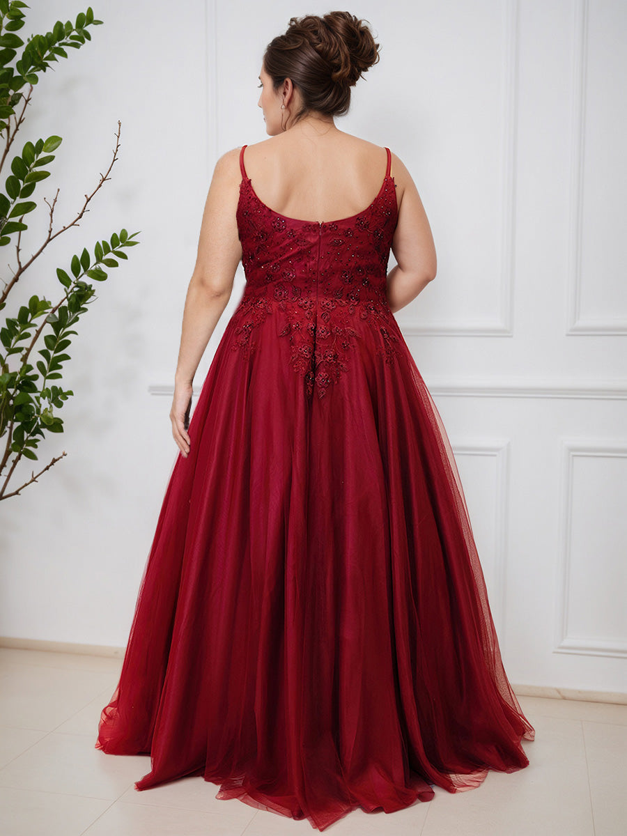Cicinia Burgundy A-Line Lace Tulle Floor Length Plus Size Prom Dress Evening Gown
