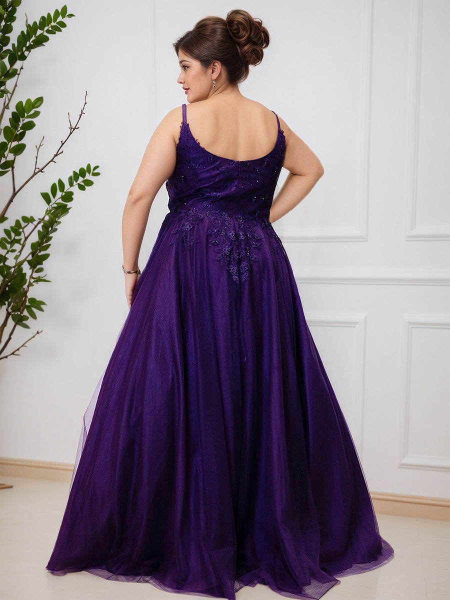 Cicinia Grape A-Line Lace Tulle Floor Length Plus Size Prom Dress Evening Gown