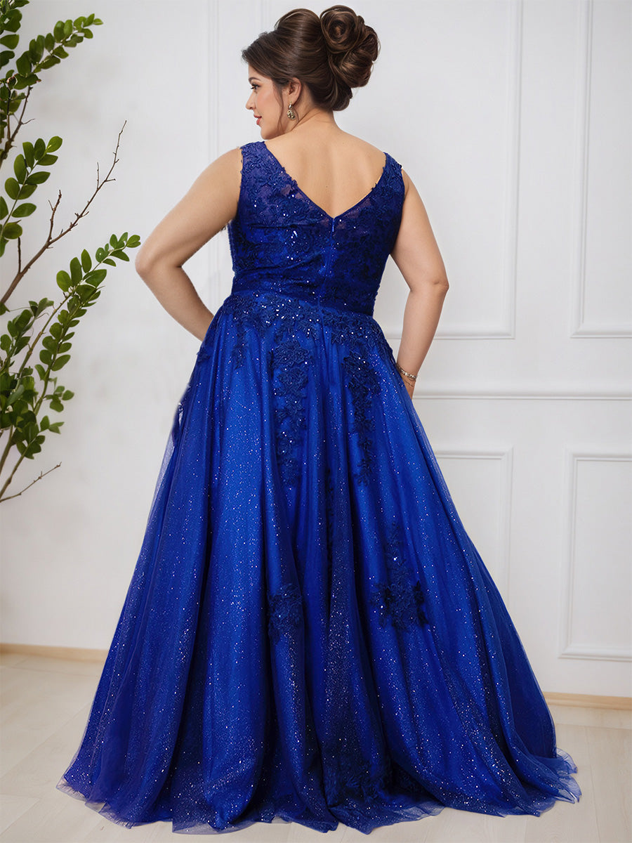 Cicinia Royal Blue Glitter A-Line Sleeveless Floor Length Plus Size Prom Dress