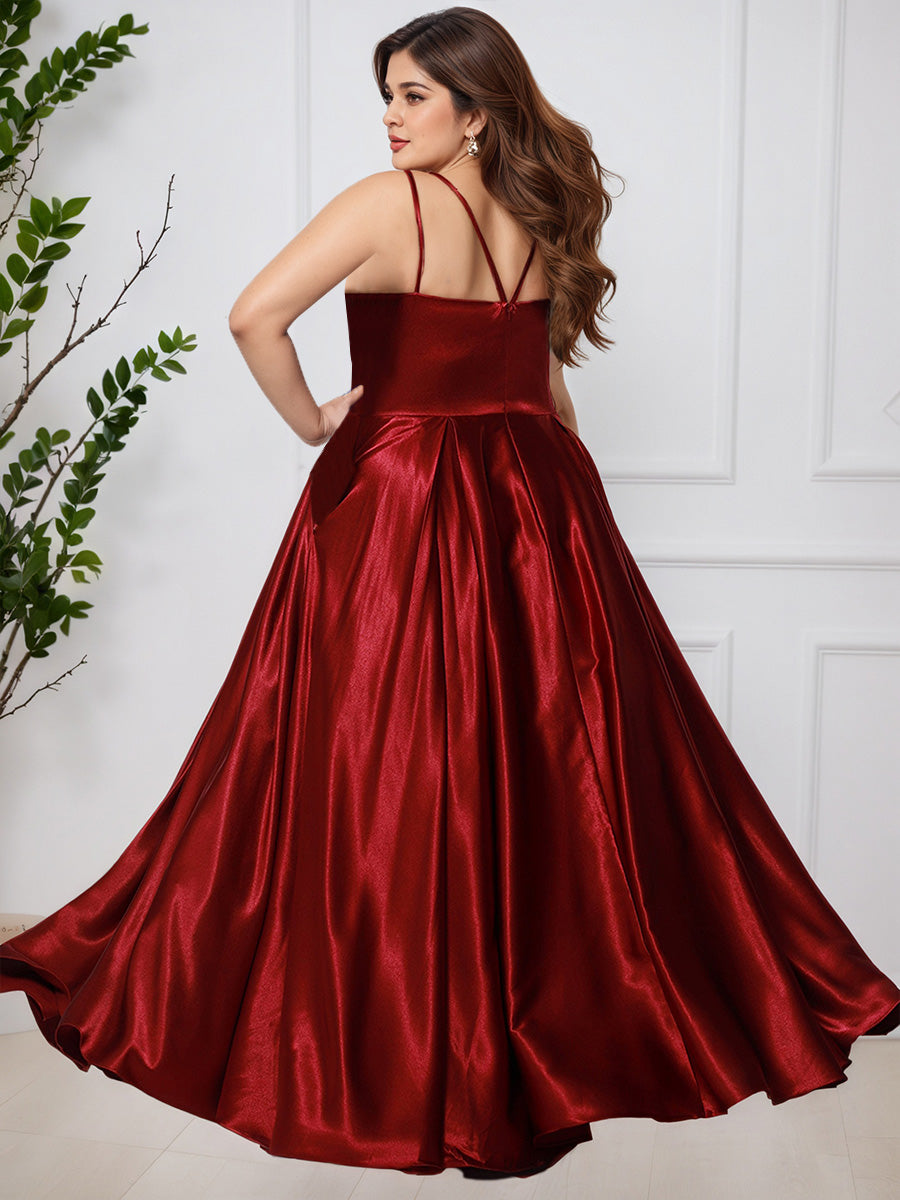 Cicinia Burgundy Soft Satin Sleeveless Long A-Line Plus Size Prom Dress