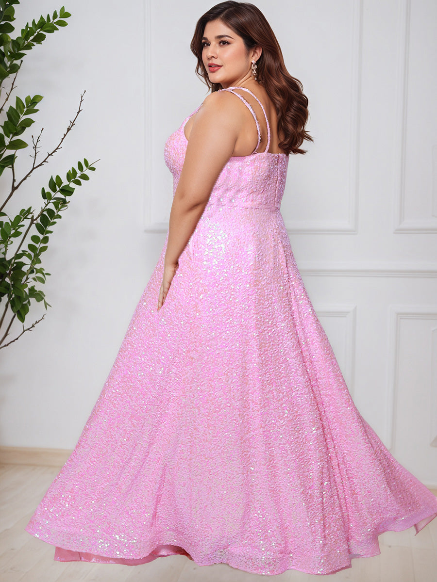 Cicinia Pink Spaghetti Straps A-Line Sequins Long Plus Size Prom Dress Evening Gown