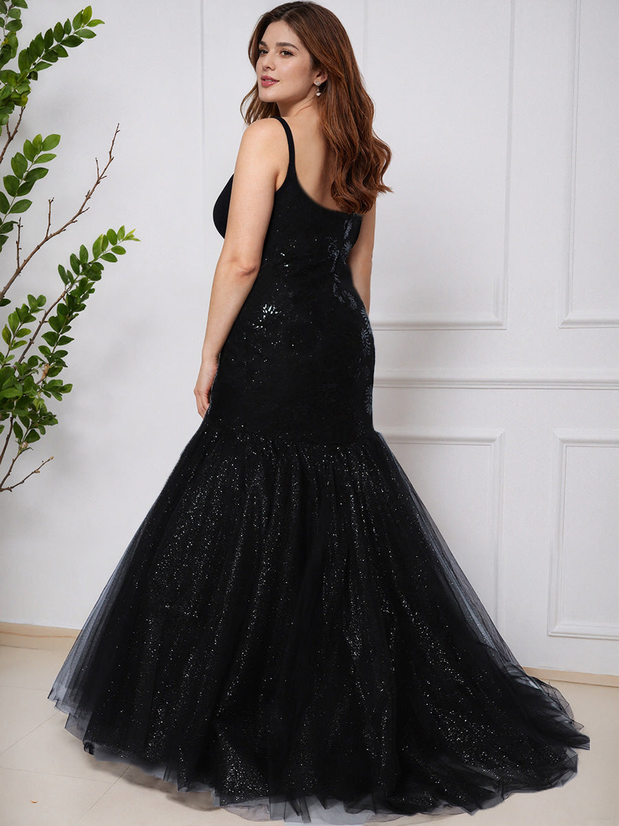 Cicinia Glitter Black Mermaid Spaghetti Straps Plus Size Prom Dress with Sweep Train