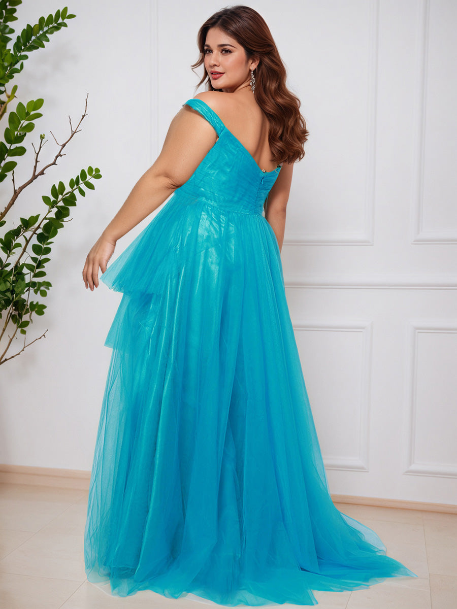 Cicinia Blue Flowy Off The Shoulder Tulle Sweep Train Plus Size Prom Dress with Slit