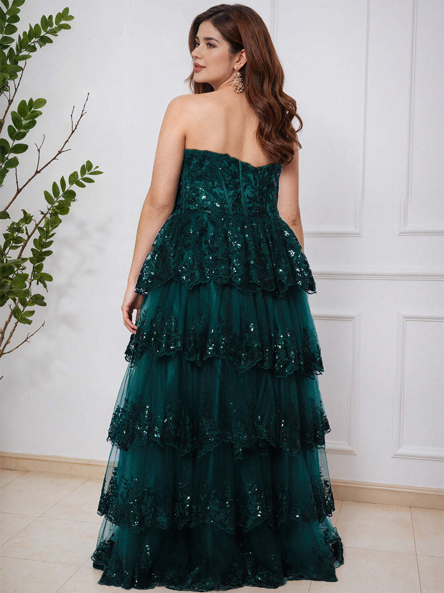 Cicinia Dark Green Sequins Sweetheart Layered Lace Floor Length Plus Size Prom Dress