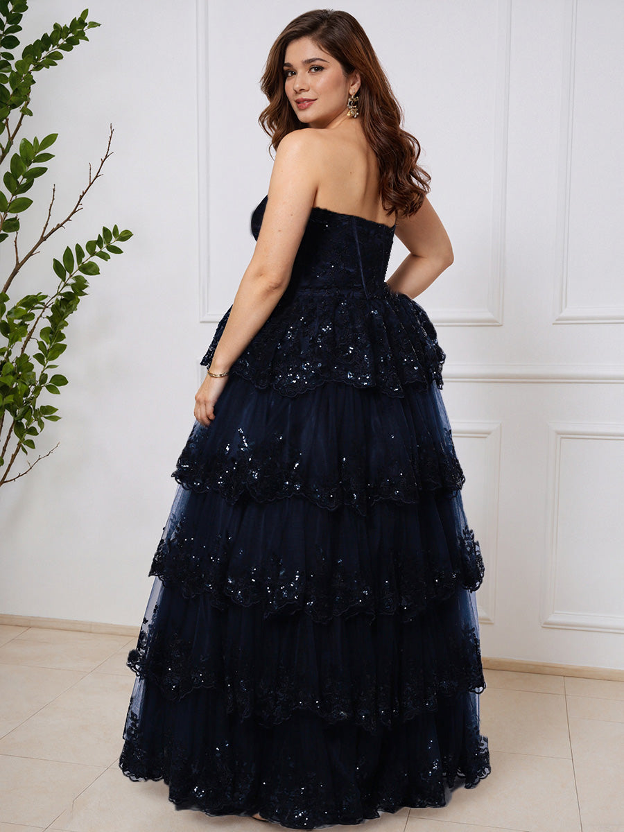 Cicinia Dark Navy Sequins Sweetheart Layered Lace Floor Length Plus Size Prom Dress