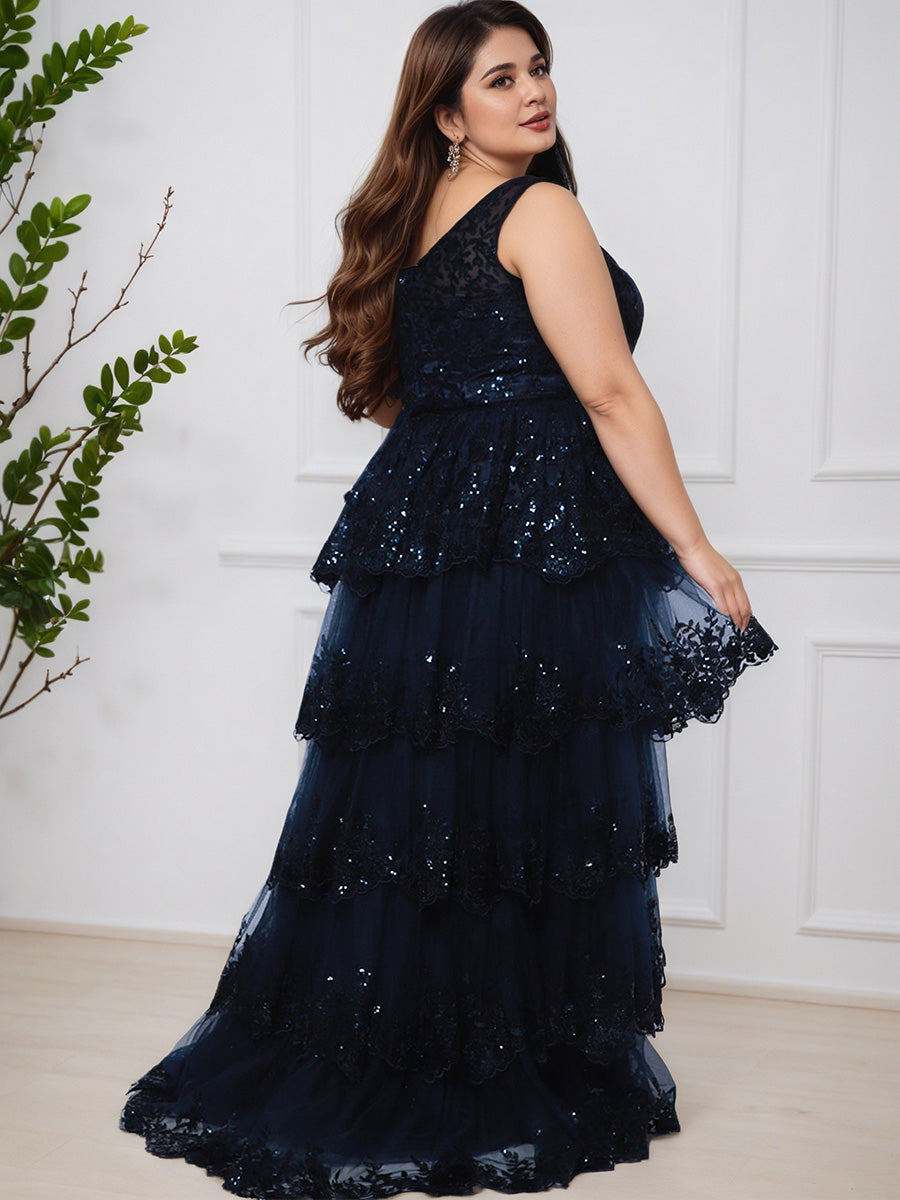 Cicinia Dark Navy One Shoulder Layered Sequin Lace Floor Length Plus Size Prom Dress