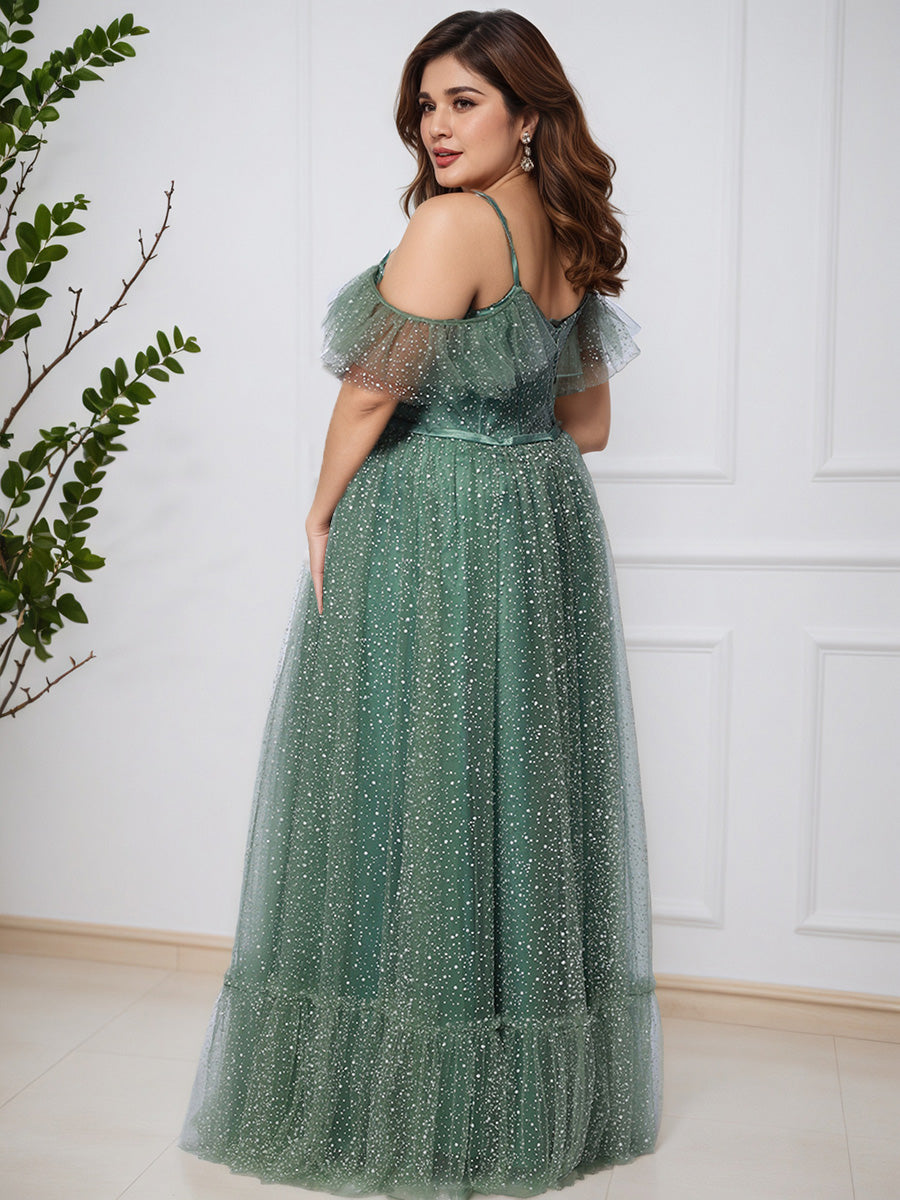 Cicinia Olive Green Tulle Spaghetti Straps Floor Length Plus Size Prom Dres