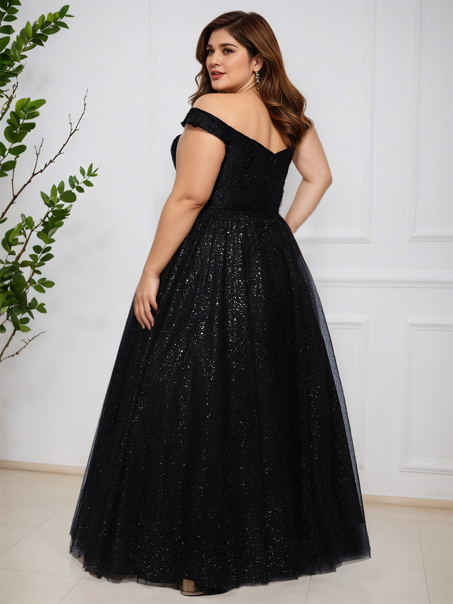 Cicinia Black A-Line Off The Shoulder Back Zip Long Plus Size Prom Dress