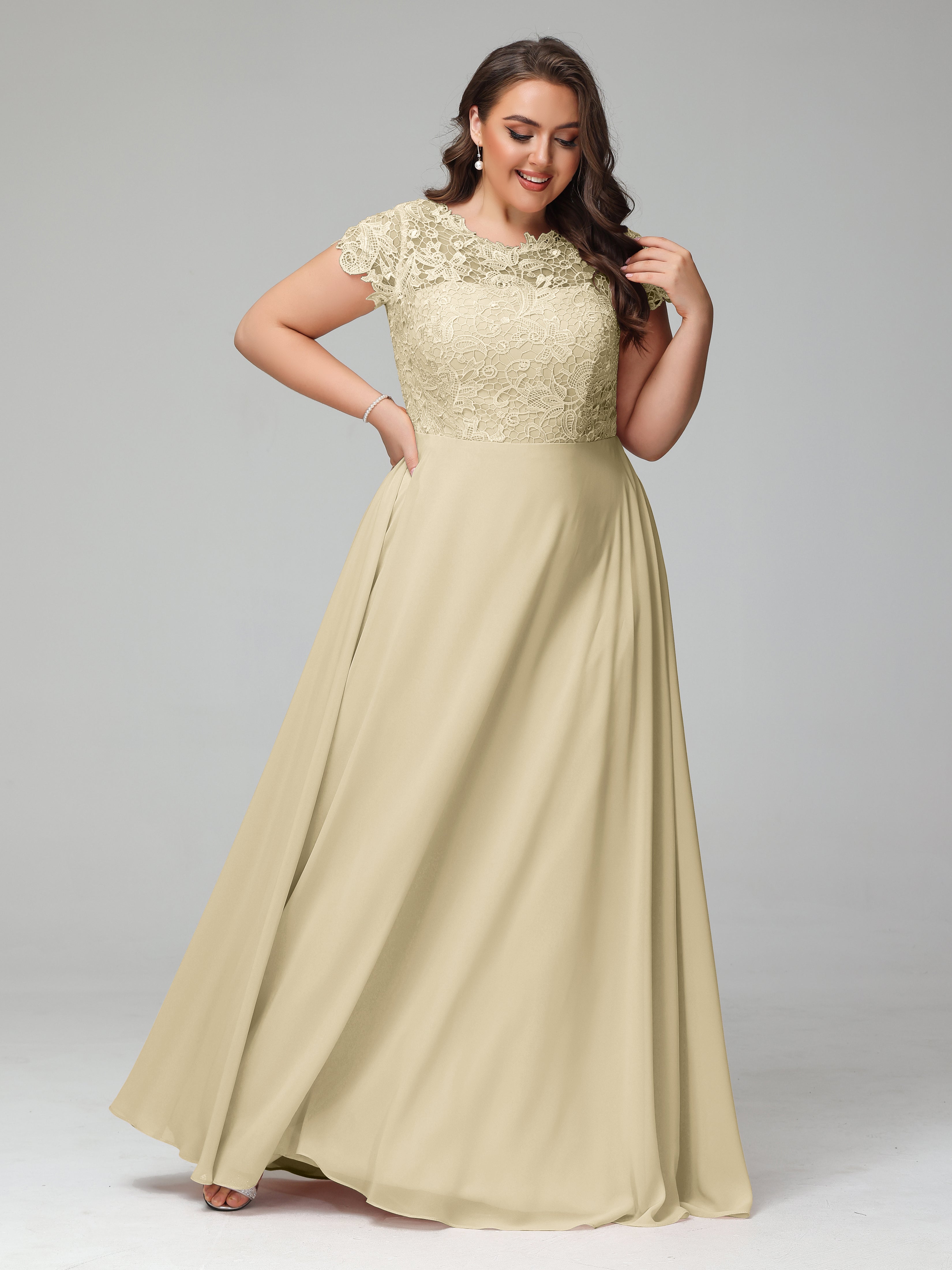 Plus Size Champagne Bridesmaid Dresses Scoop Open Back Chiffon Plus Si