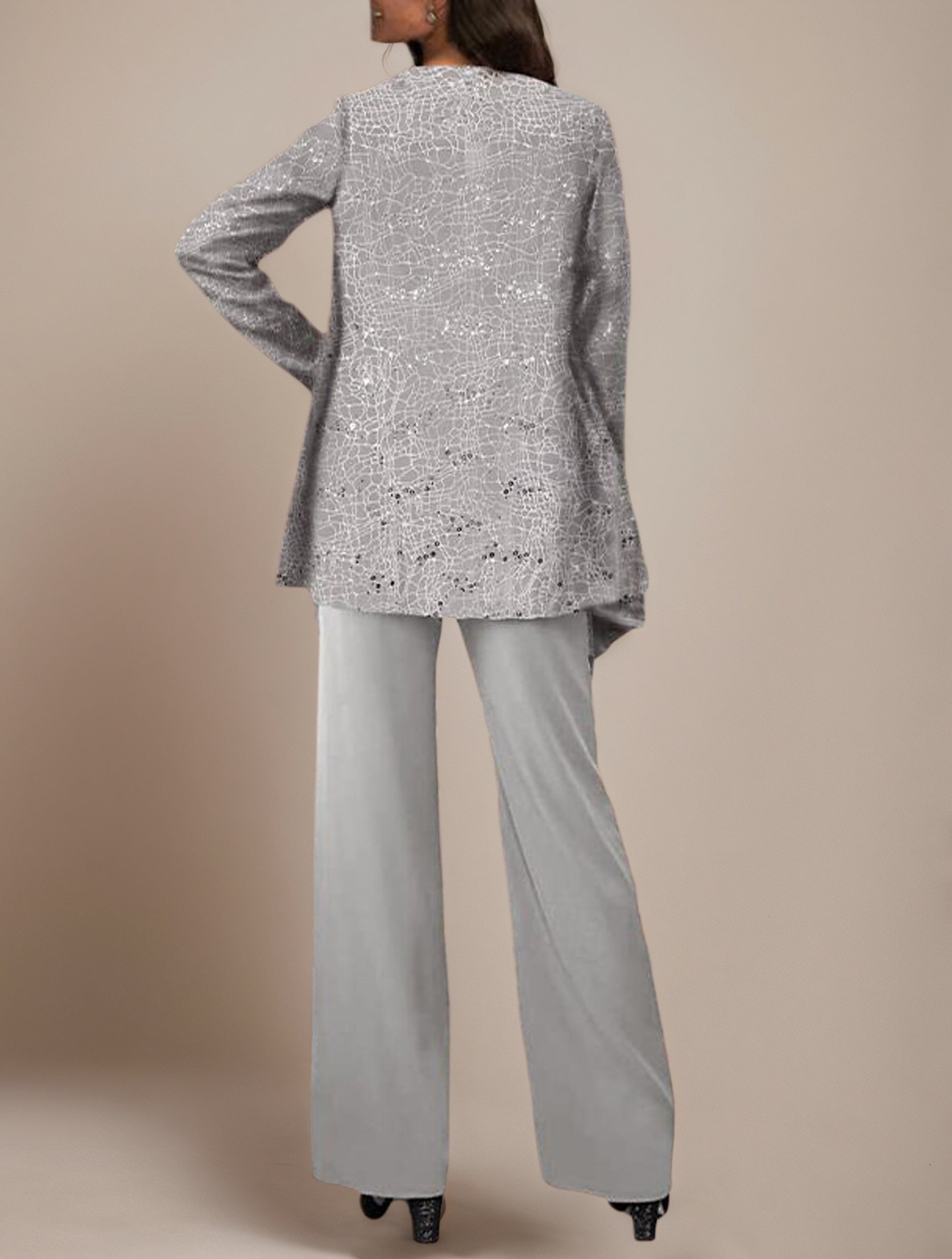 3 Piece Lace Scoop Long Sleeves Chiffon Silver Mother Of The Bride Dress Pants Suits