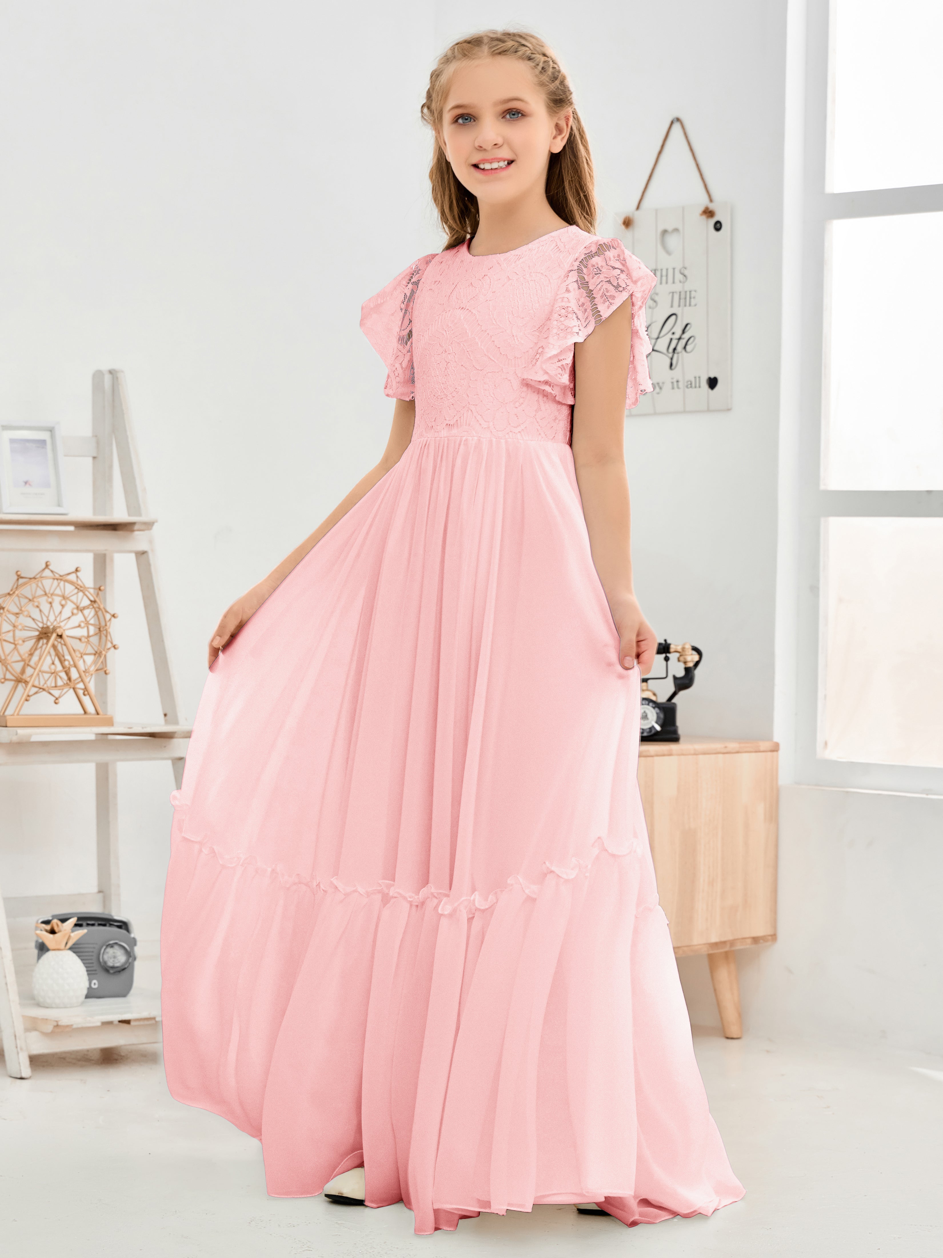 Short Sleeves Floor Length Chiffon Junior Bridesmaid Dress
