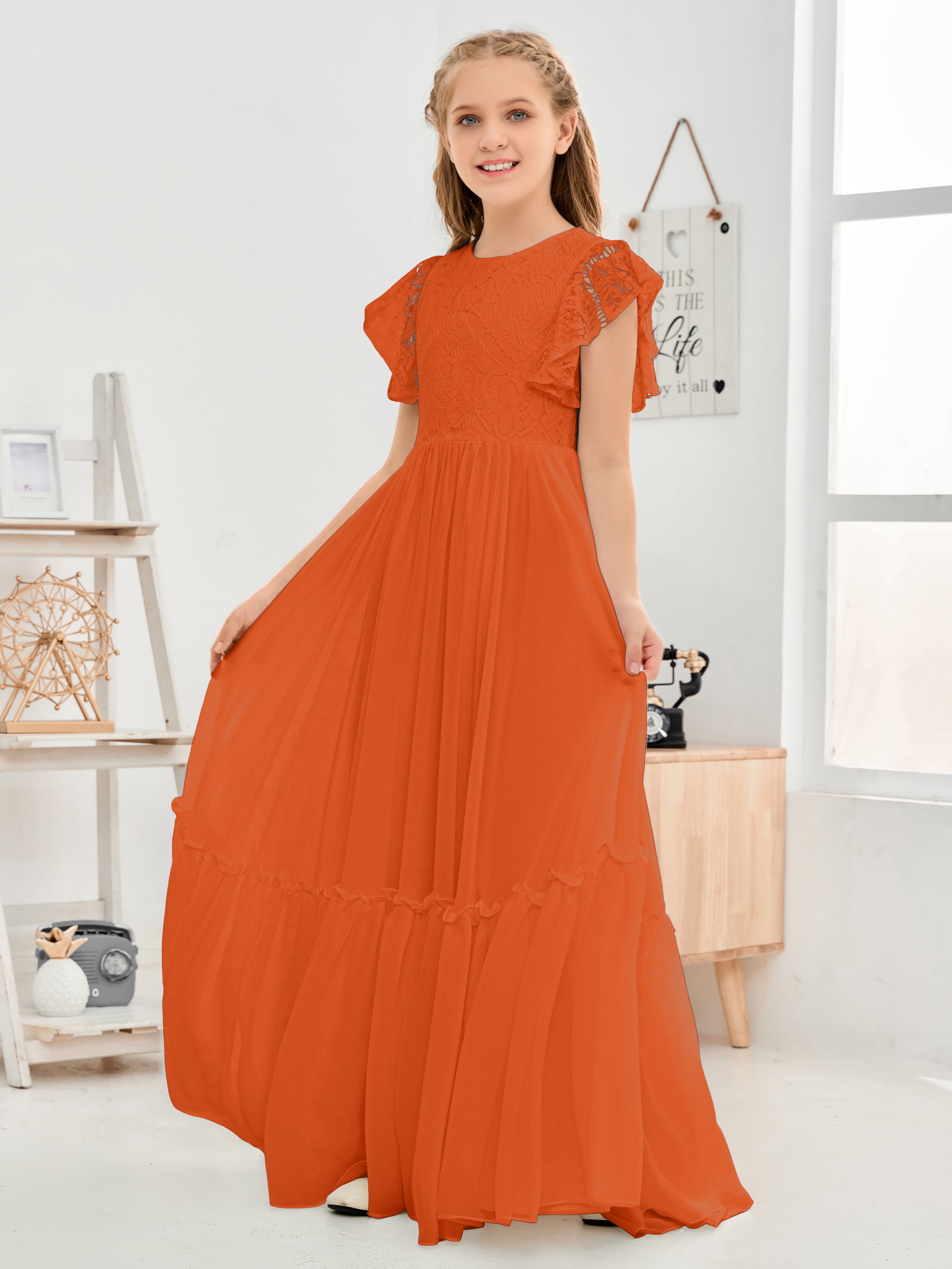 Short Sleeves Floor Length Chiffon Junior Bridesmaid Dress