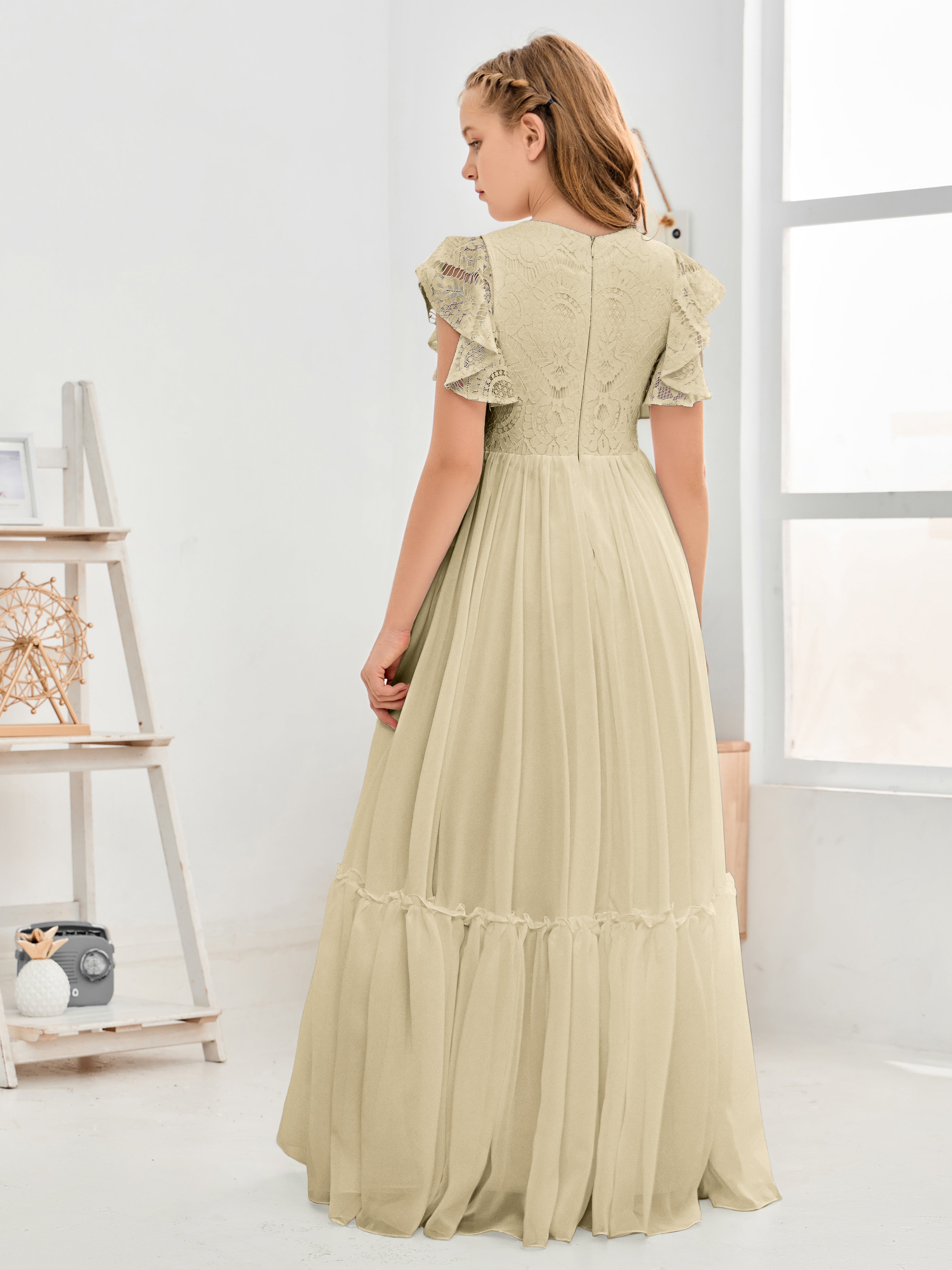 Short Sleeves Floor Length Chiffon Junior Bridesmaid Dress