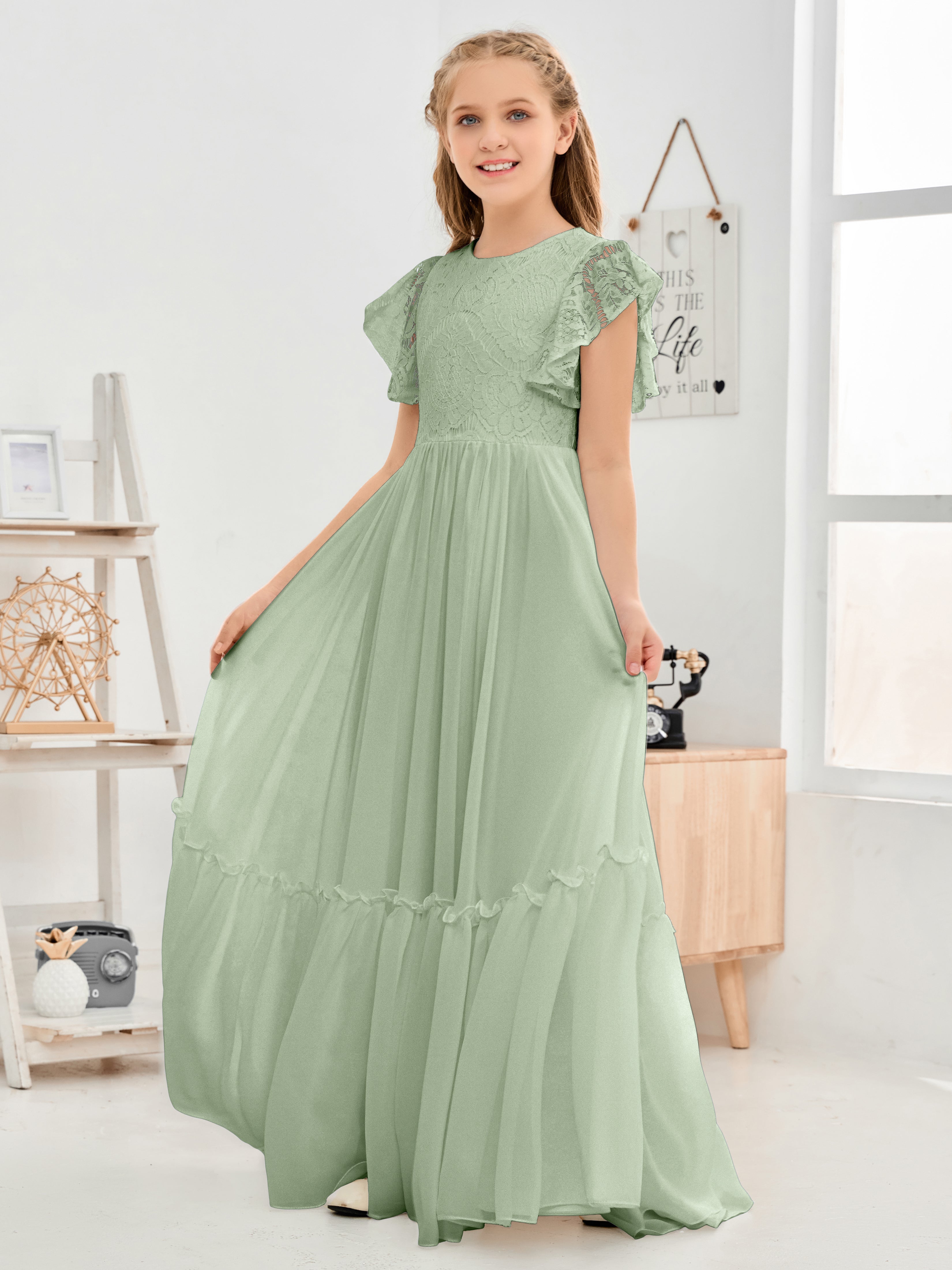 Short Sleeves Floor Length Chiffon Junior Bridesmaid Dress