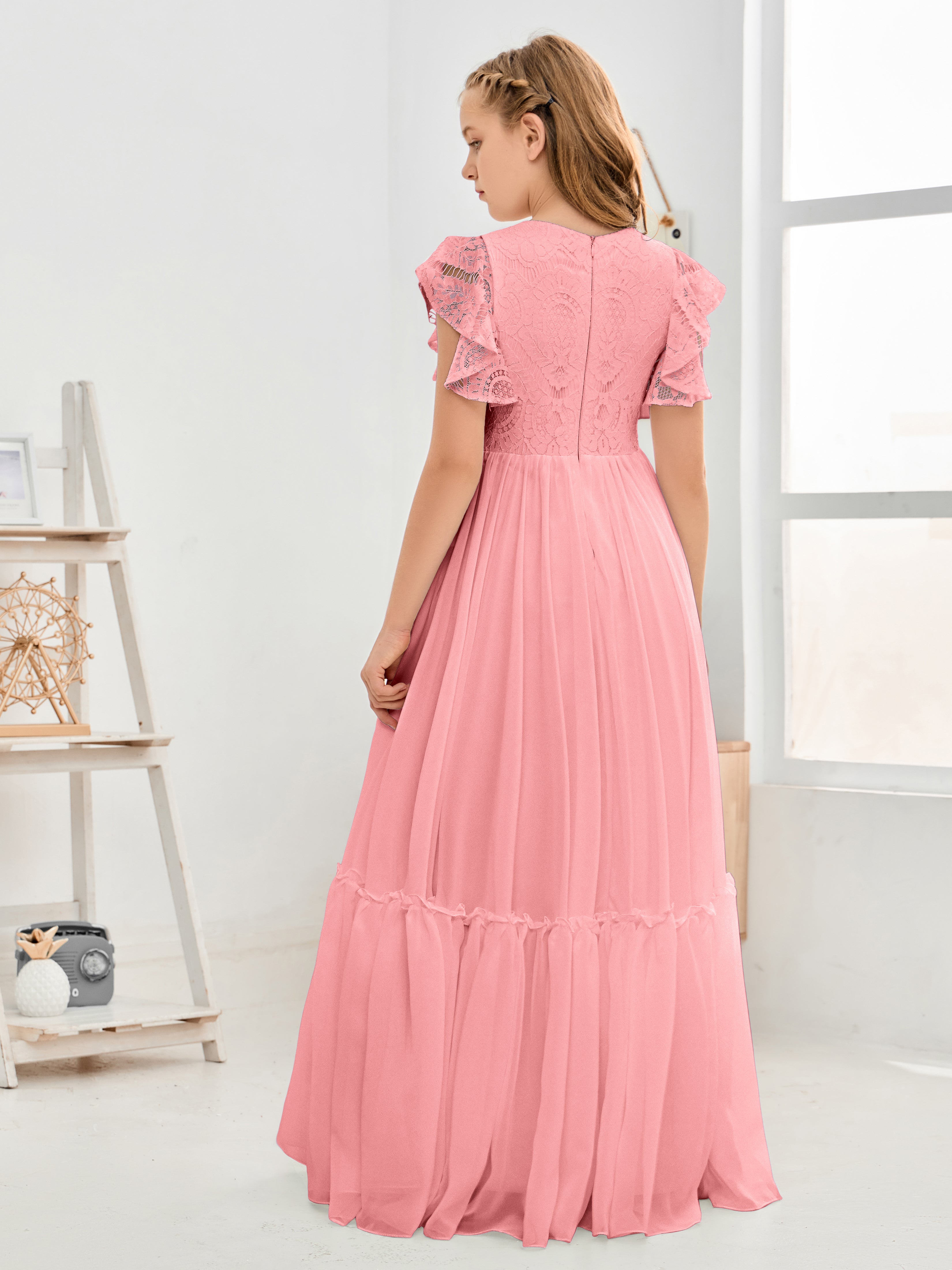 Short Sleeves Floor Length Chiffon Junior Bridesmaid Dress
