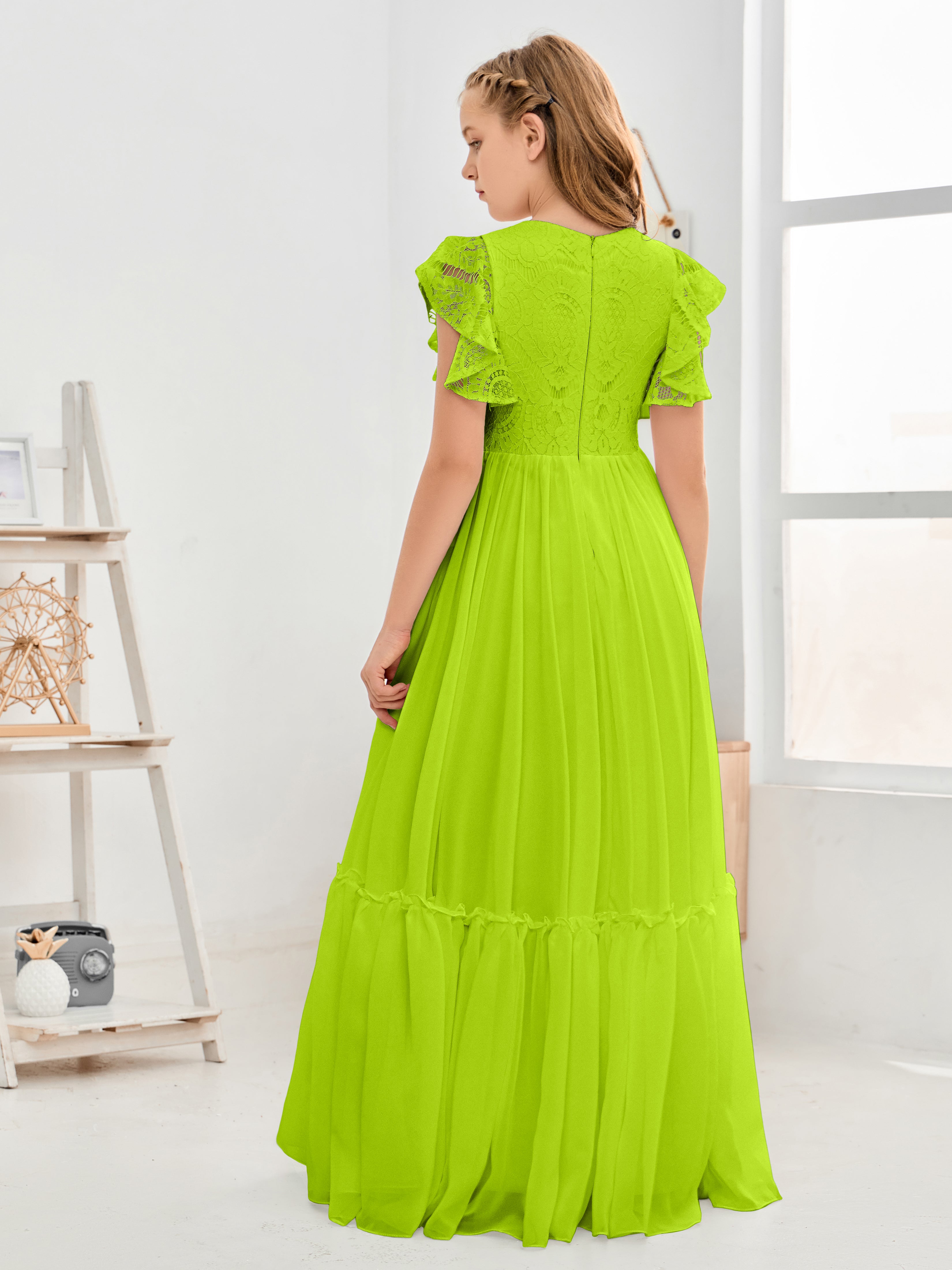 Short Sleeves Floor Length Chiffon Junior Bridesmaid Dress