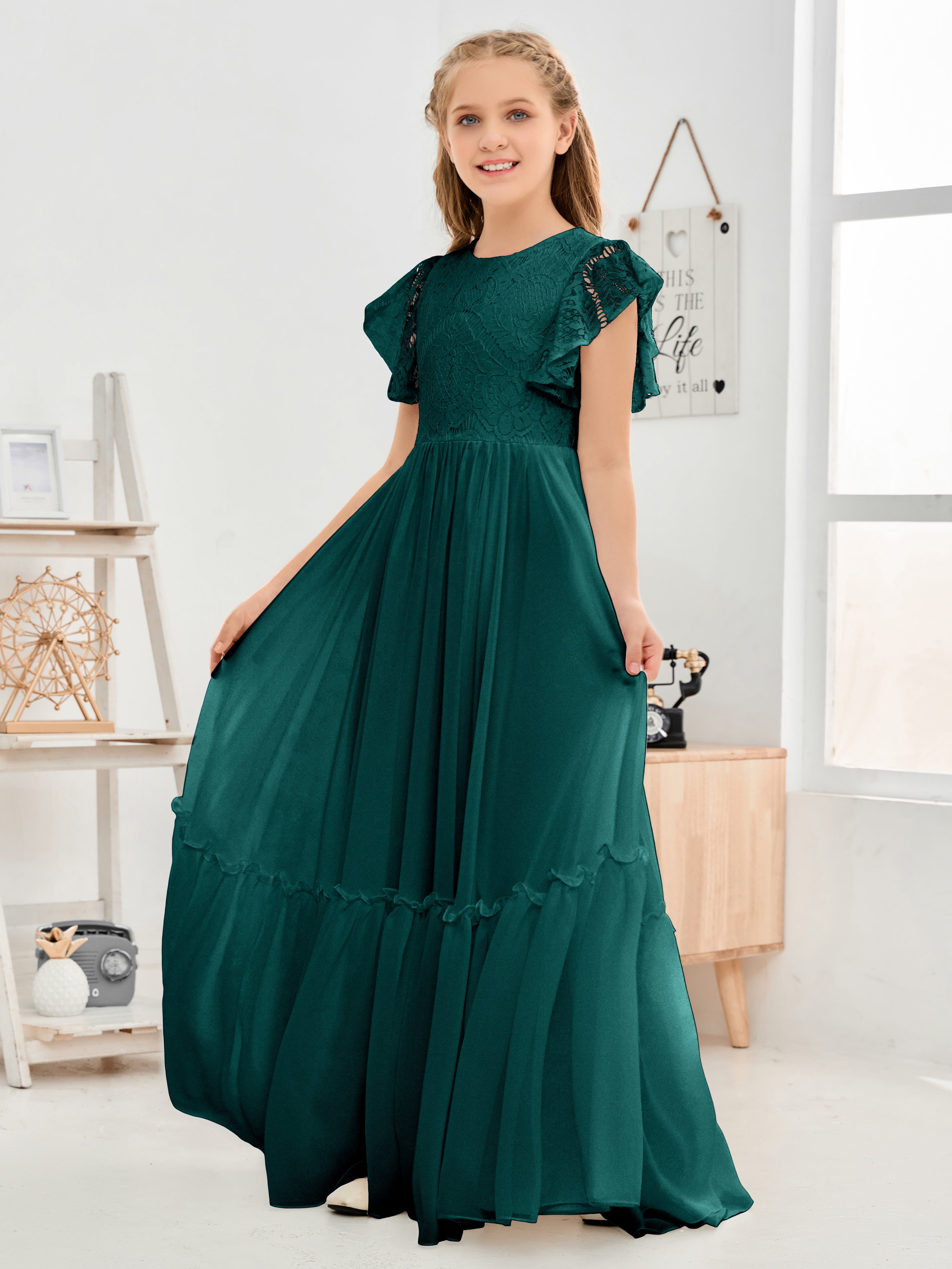 Short Sleeves Floor Length Chiffon Junior Bridesmaid Dress