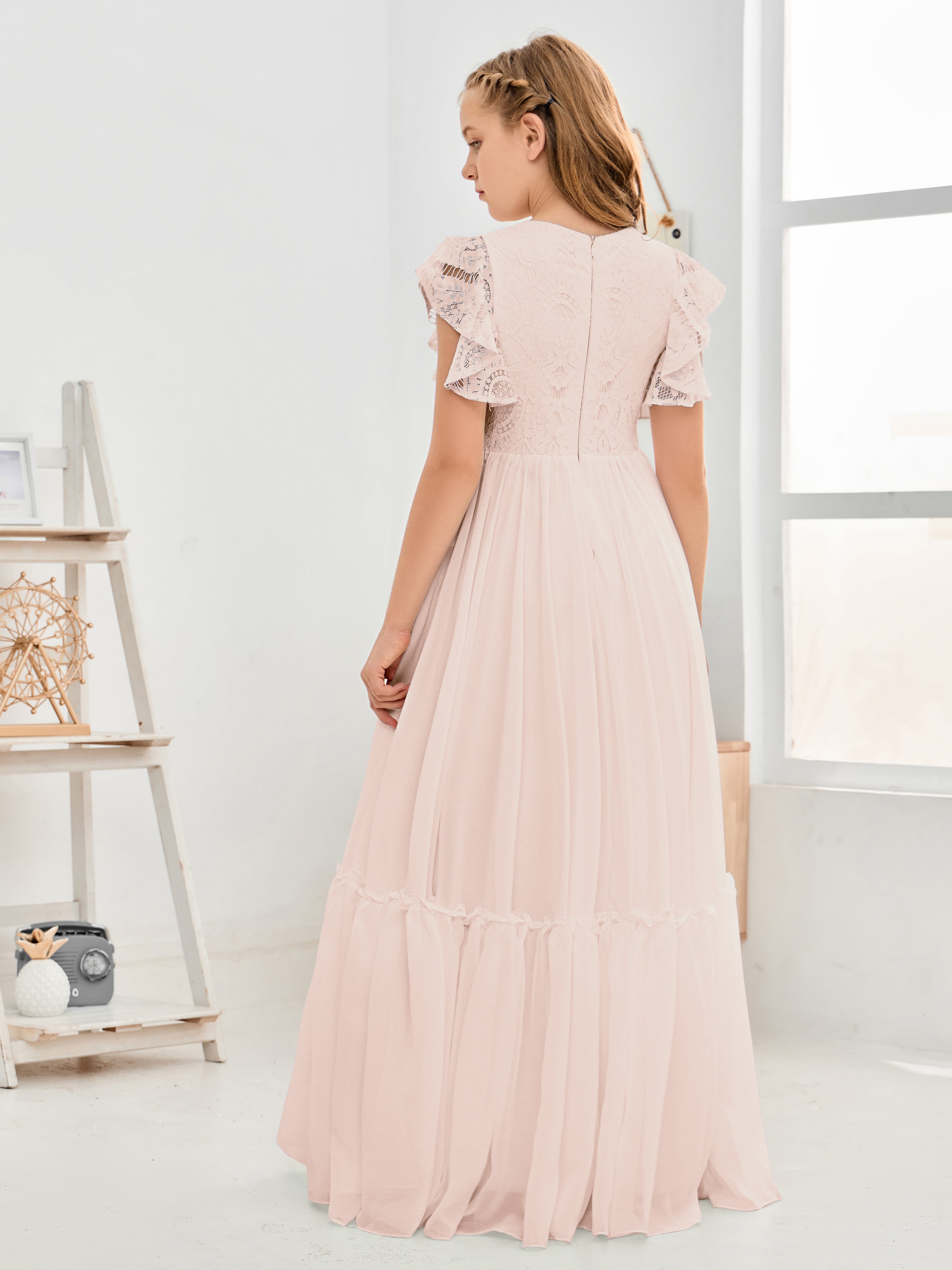 Short Sleeves Floor Length Chiffon Junior Bridesmaid Dress