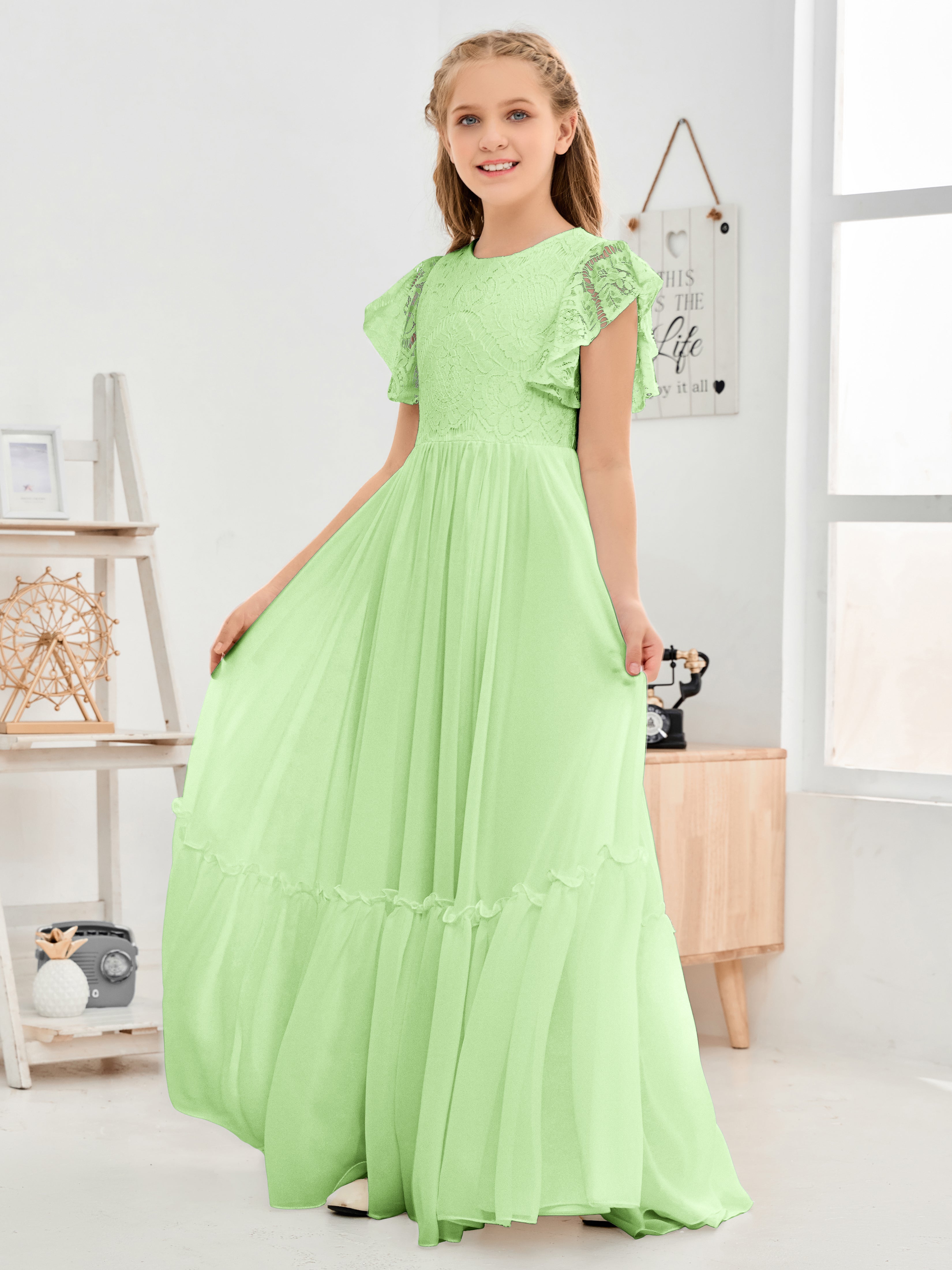 Short Sleeves Floor Length Chiffon Junior Bridesmaid Dress