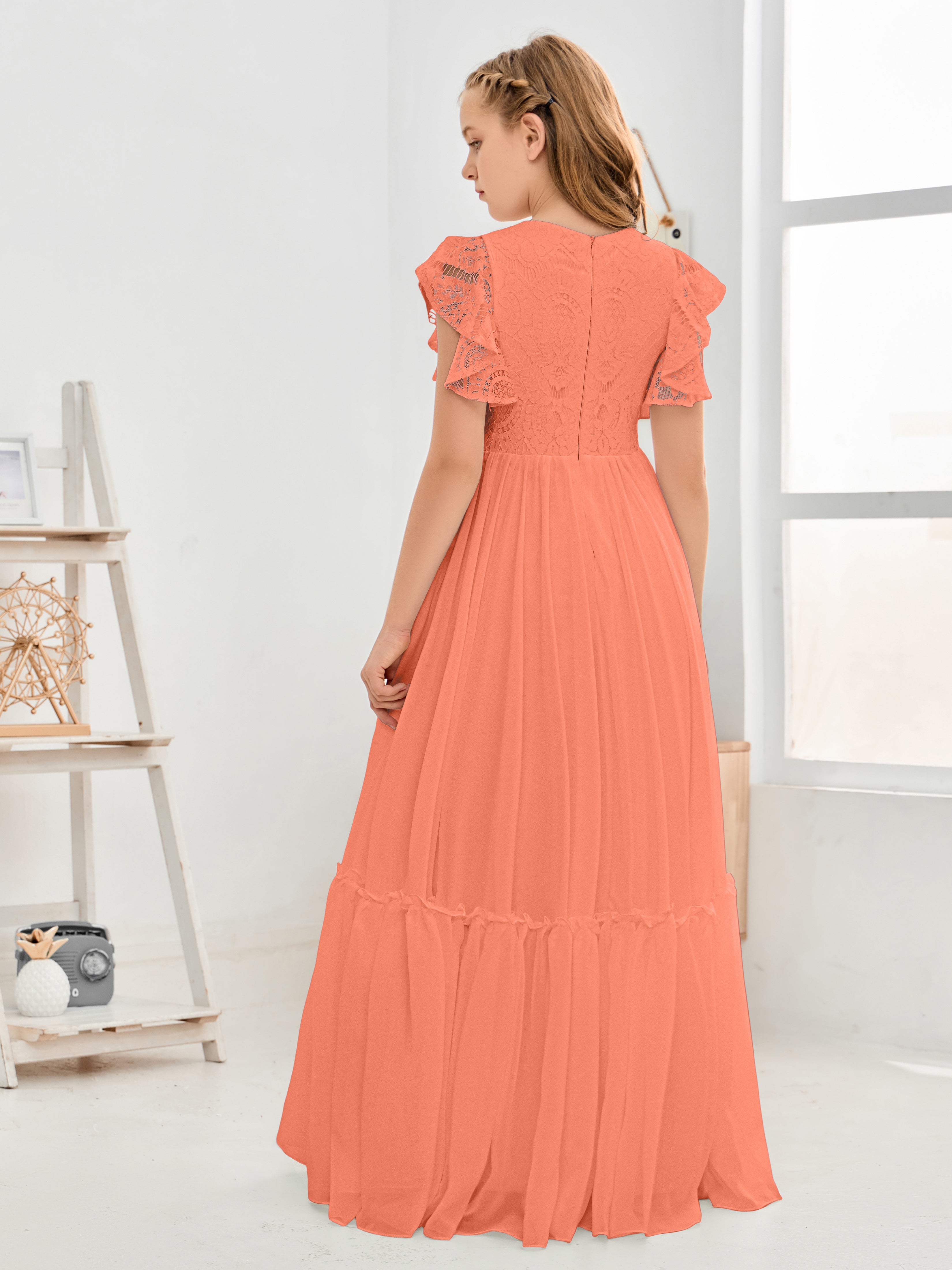 Short Sleeves Floor Length Chiffon Junior Bridesmaid Dress