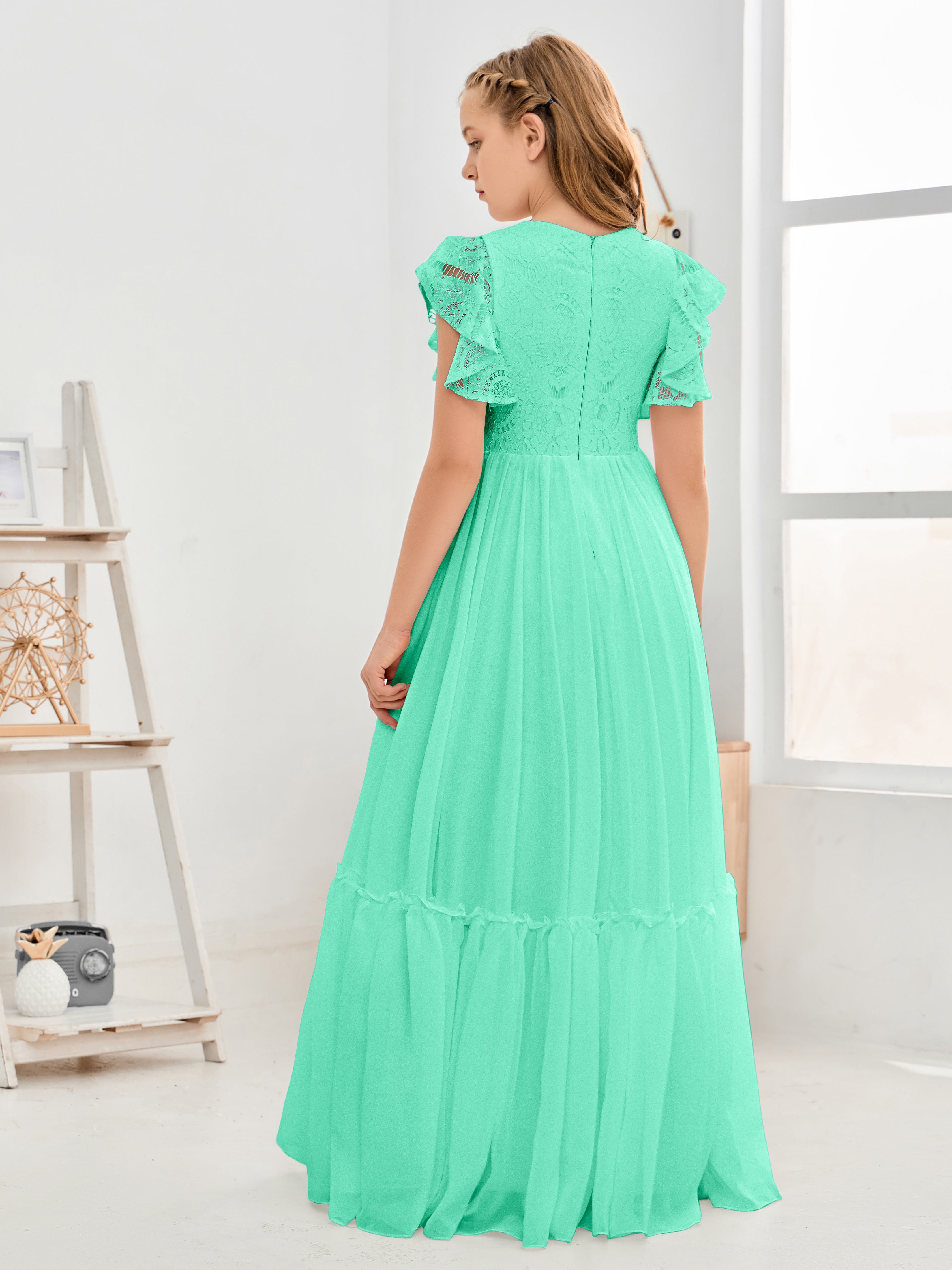 Short Sleeves Floor Length Chiffon Junior Bridesmaid Dress