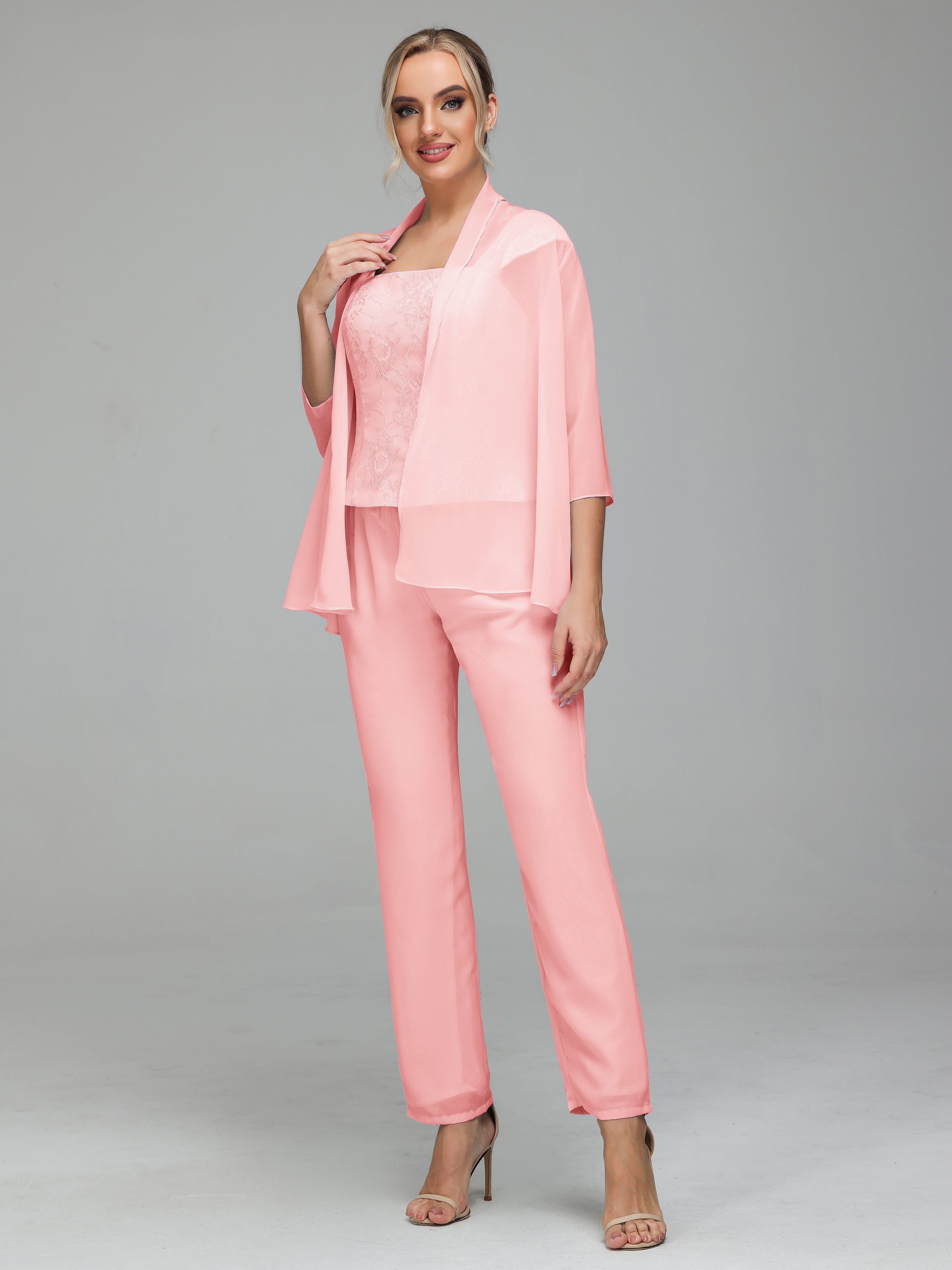 Simple 3 Pieces Lace Chiffon Mother of Bride Dress Pant Suits