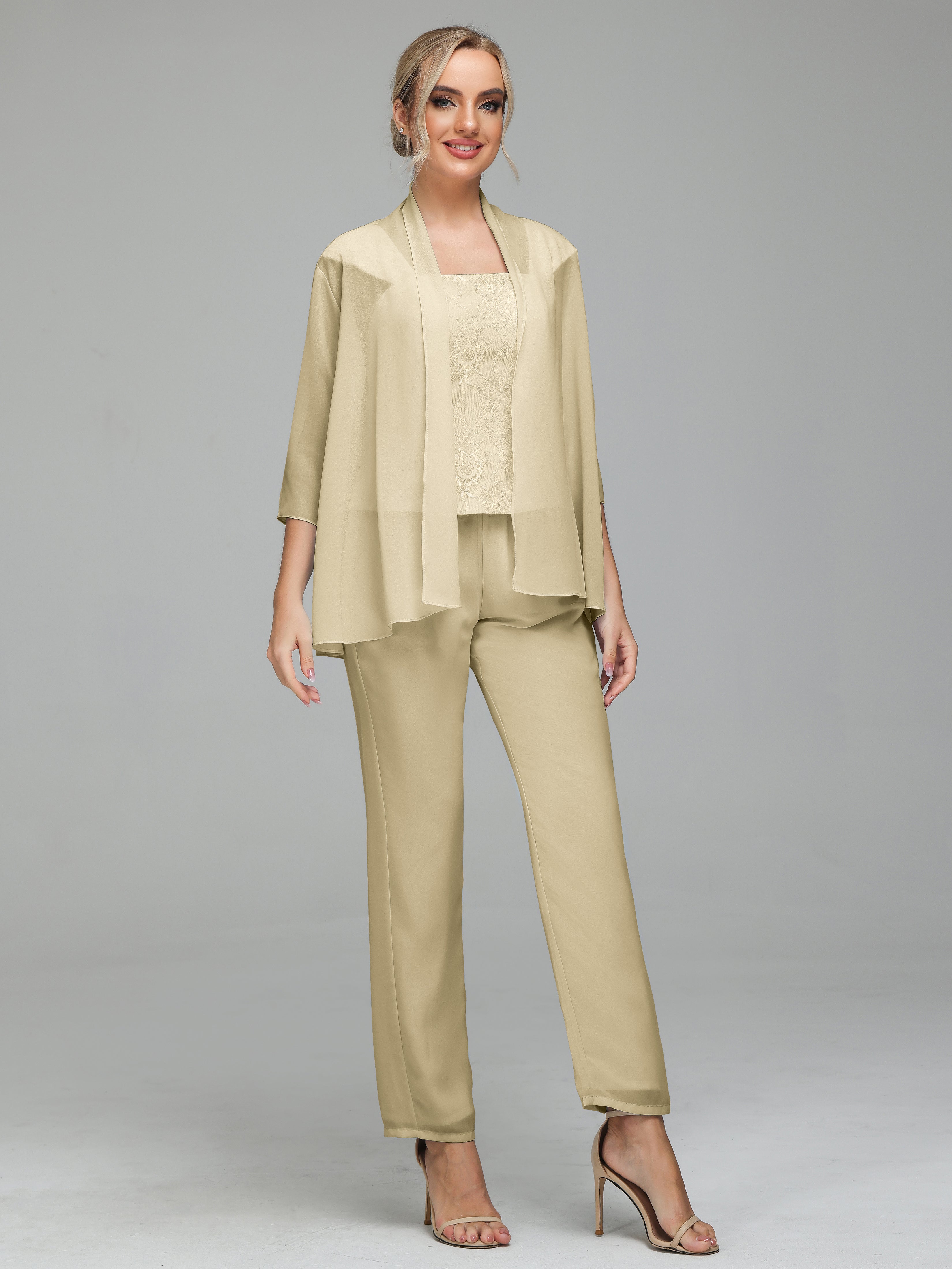 Simple 3 Pieces Lace Chiffon Mother of Bride Dress Pant Suits