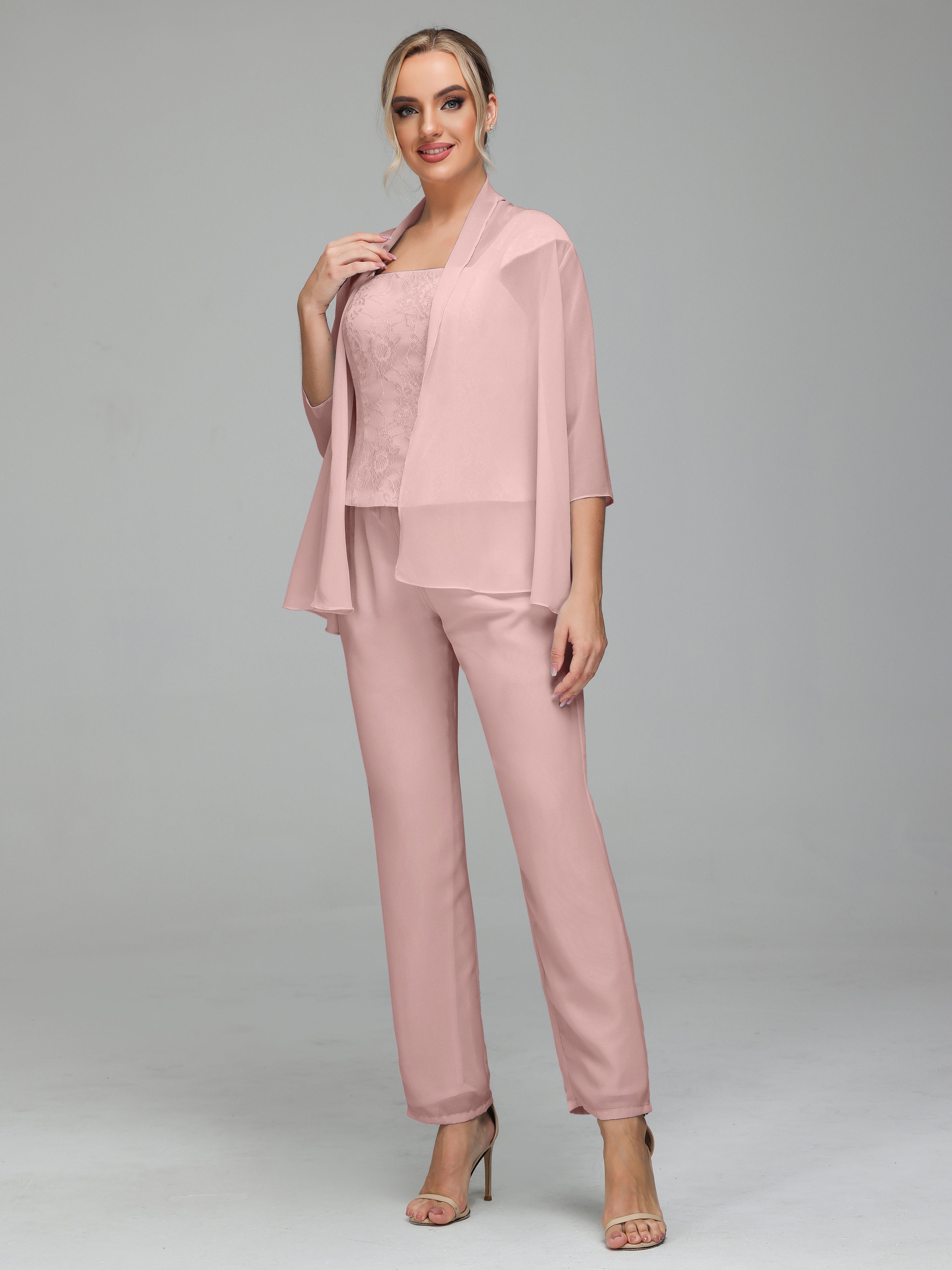 Simple 3 Pieces Lace Chiffon Mother of Bride Dress Pant Suits