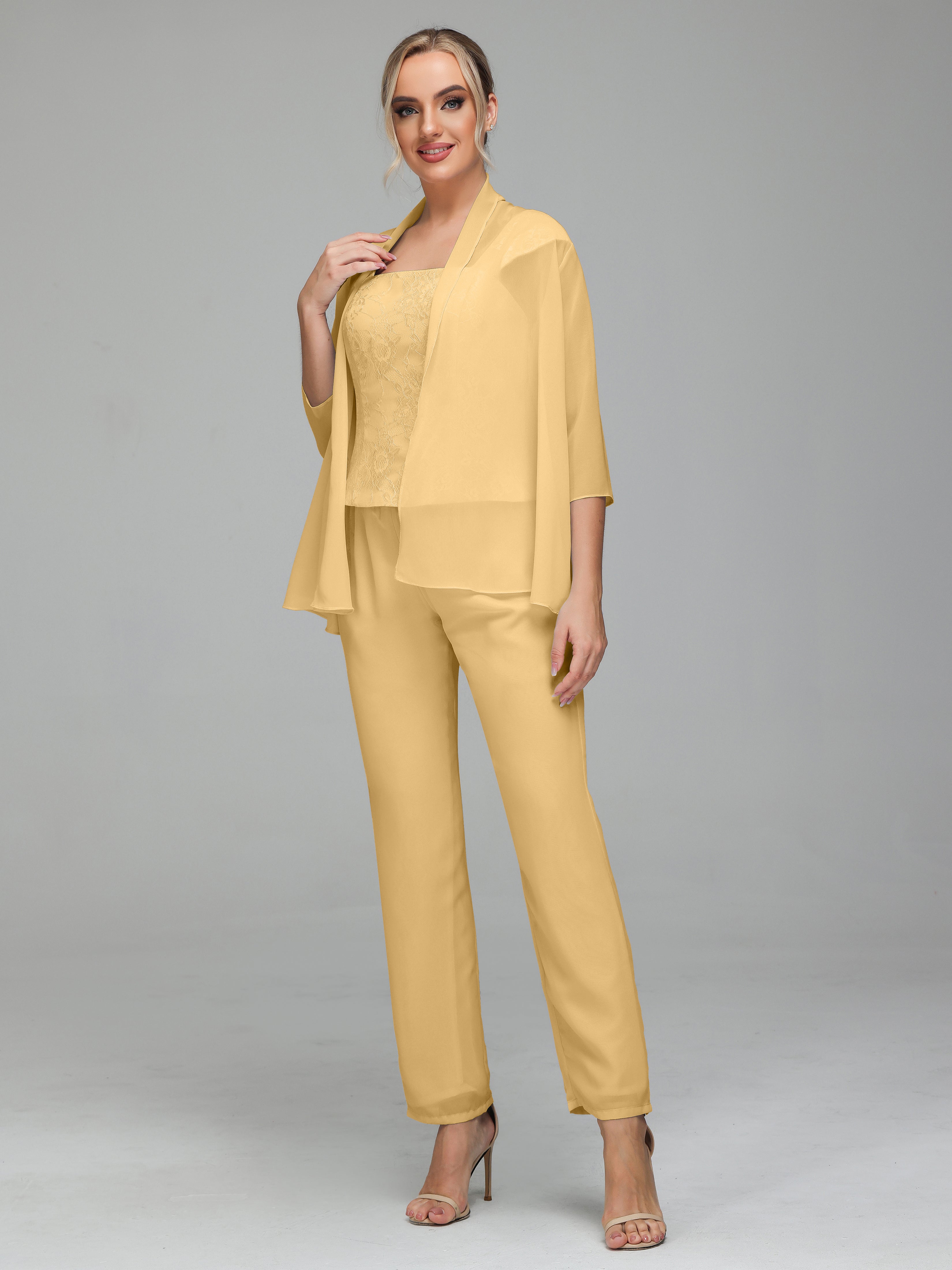 Simple 3 Pieces Lace Chiffon Mother of Bride Dress Pant Suits