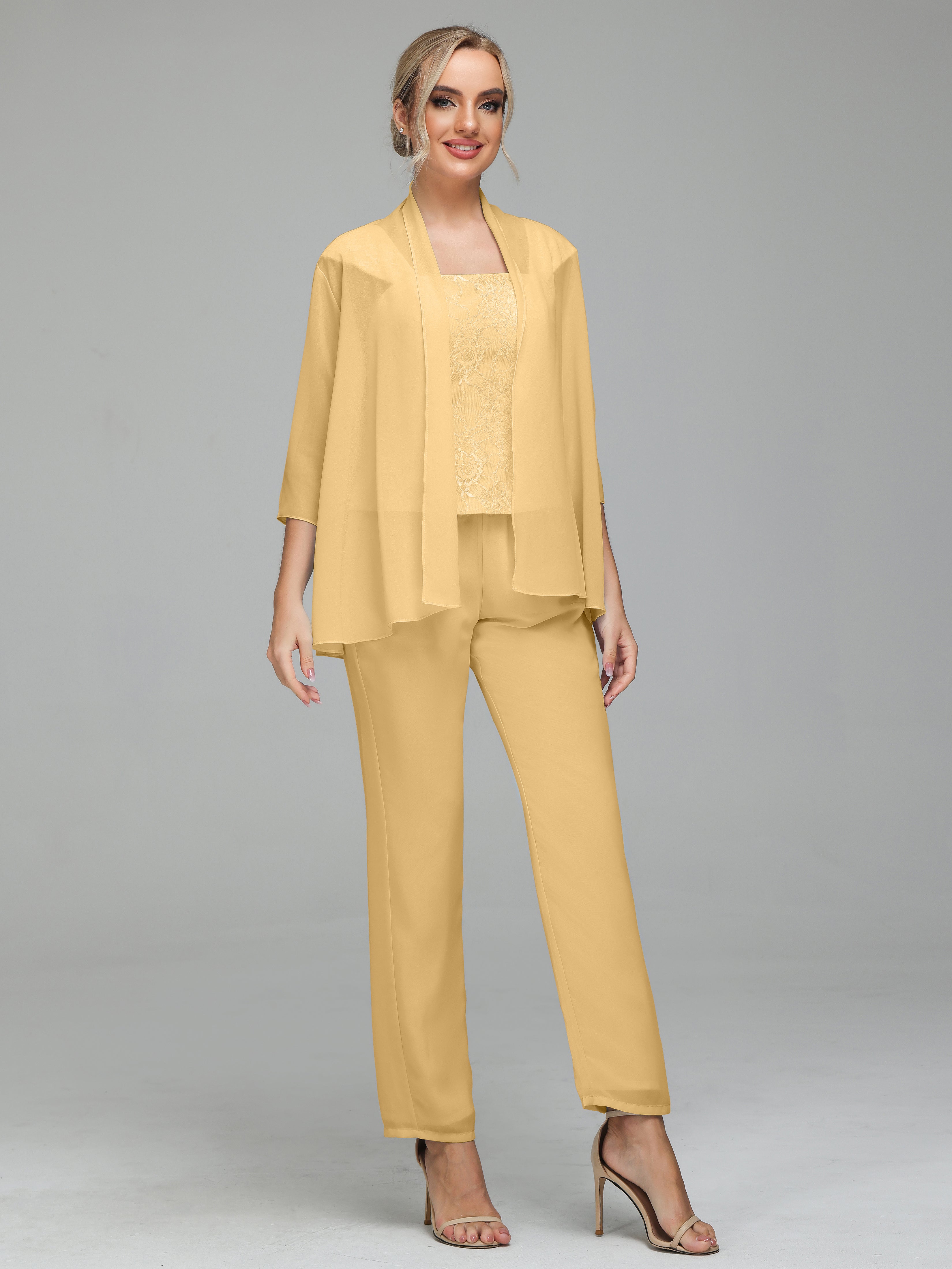 Simple 3 Pieces Lace Chiffon Mother of Bride Dress Pant Suits