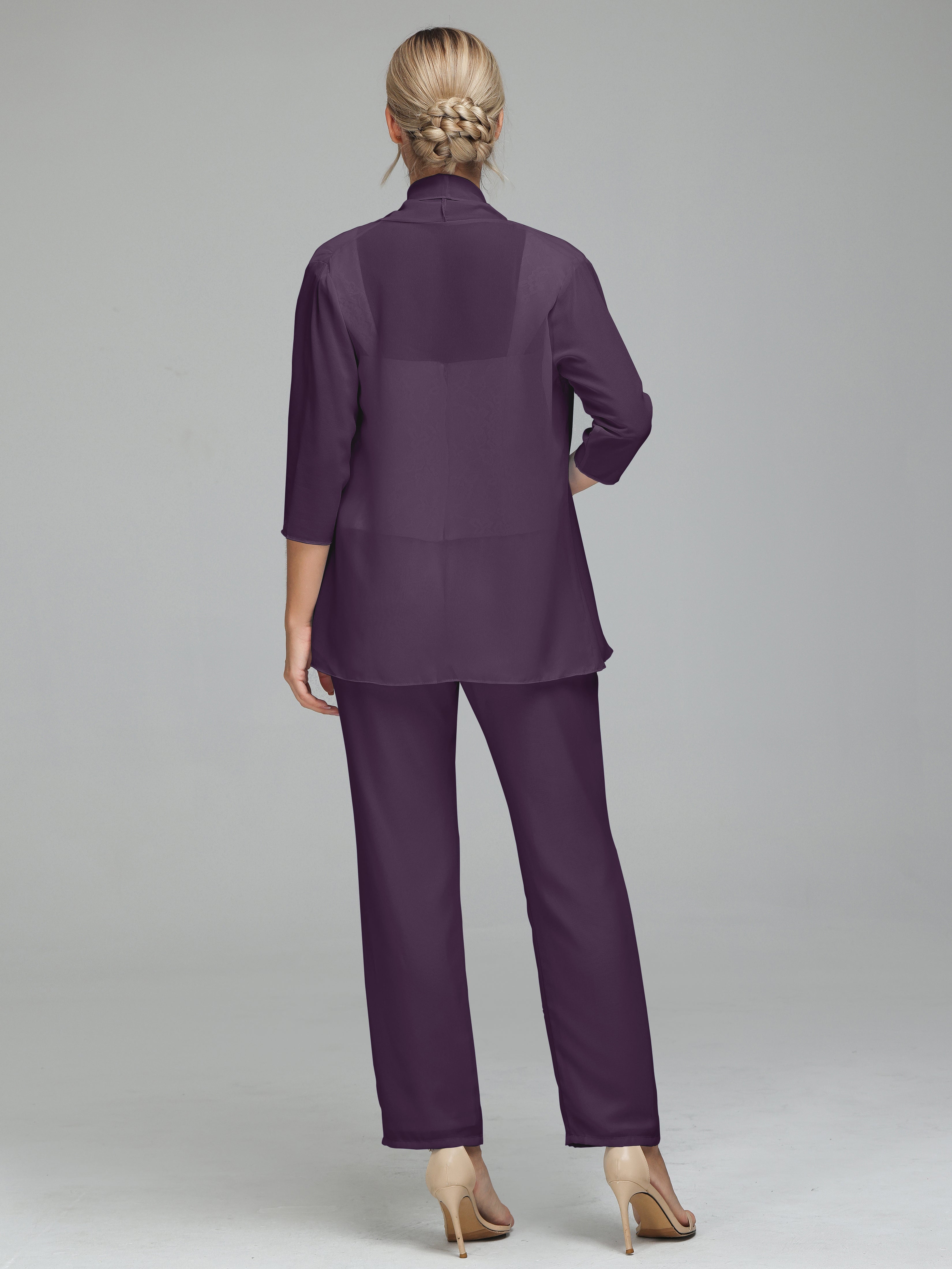 Simple 3 Pieces Lace Chiffon Mother of Bride Dress Pant Suits