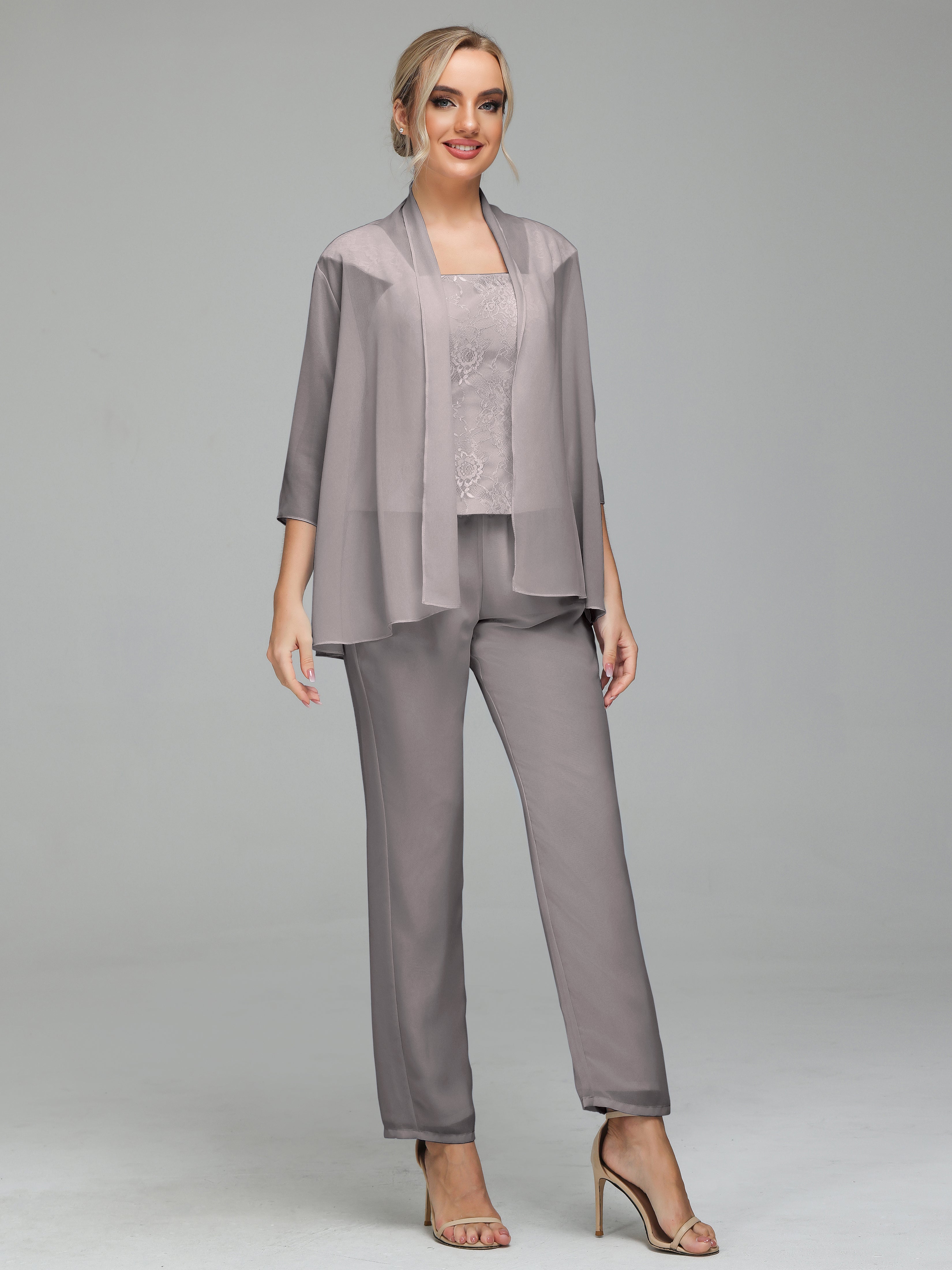 Simple 3 Pieces Lace Chiffon Mother of Bride Dress Pant Suits