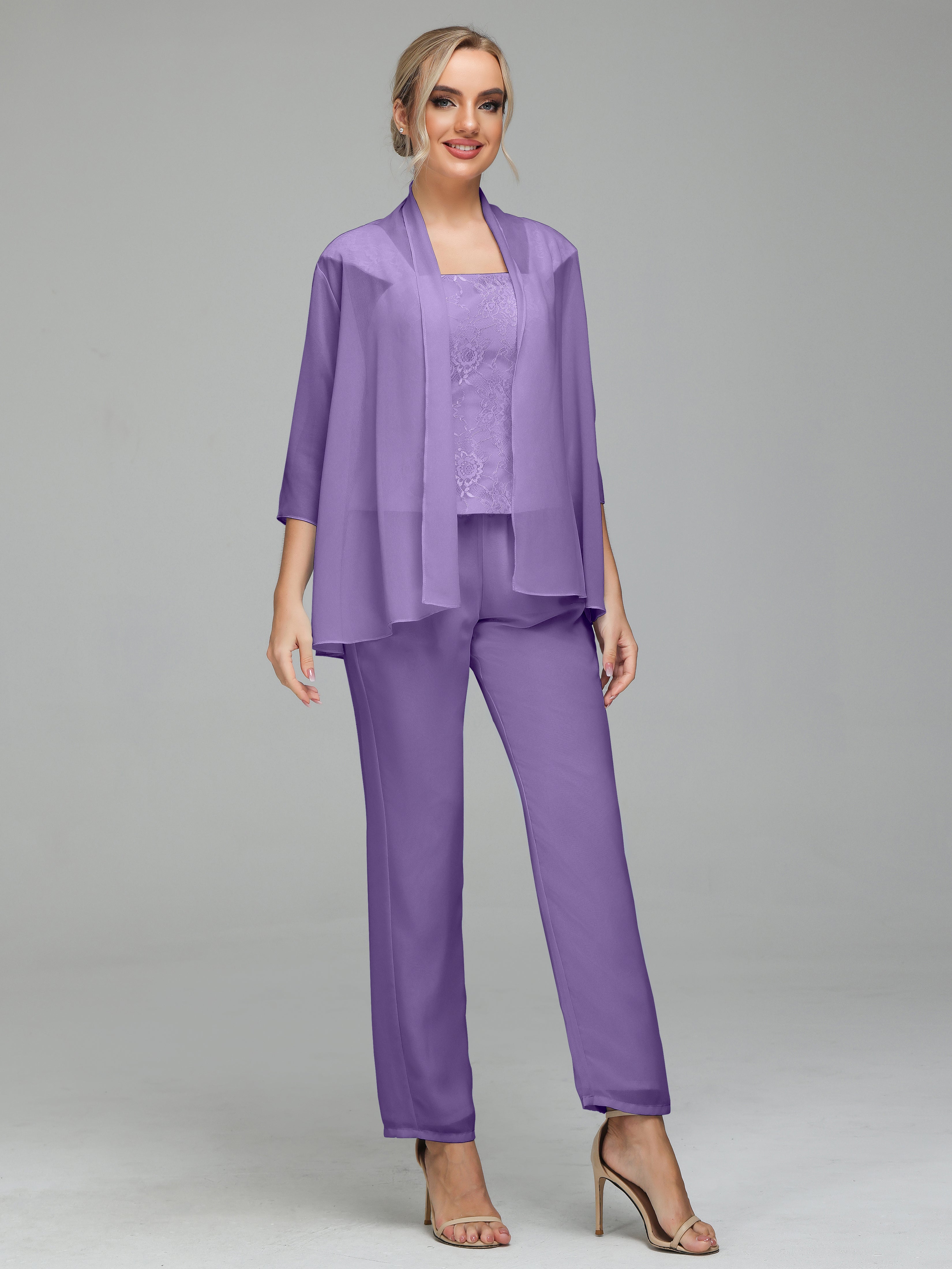 Simple 3 Pieces Lace Chiffon Mother of Bride Dress Pant Suits