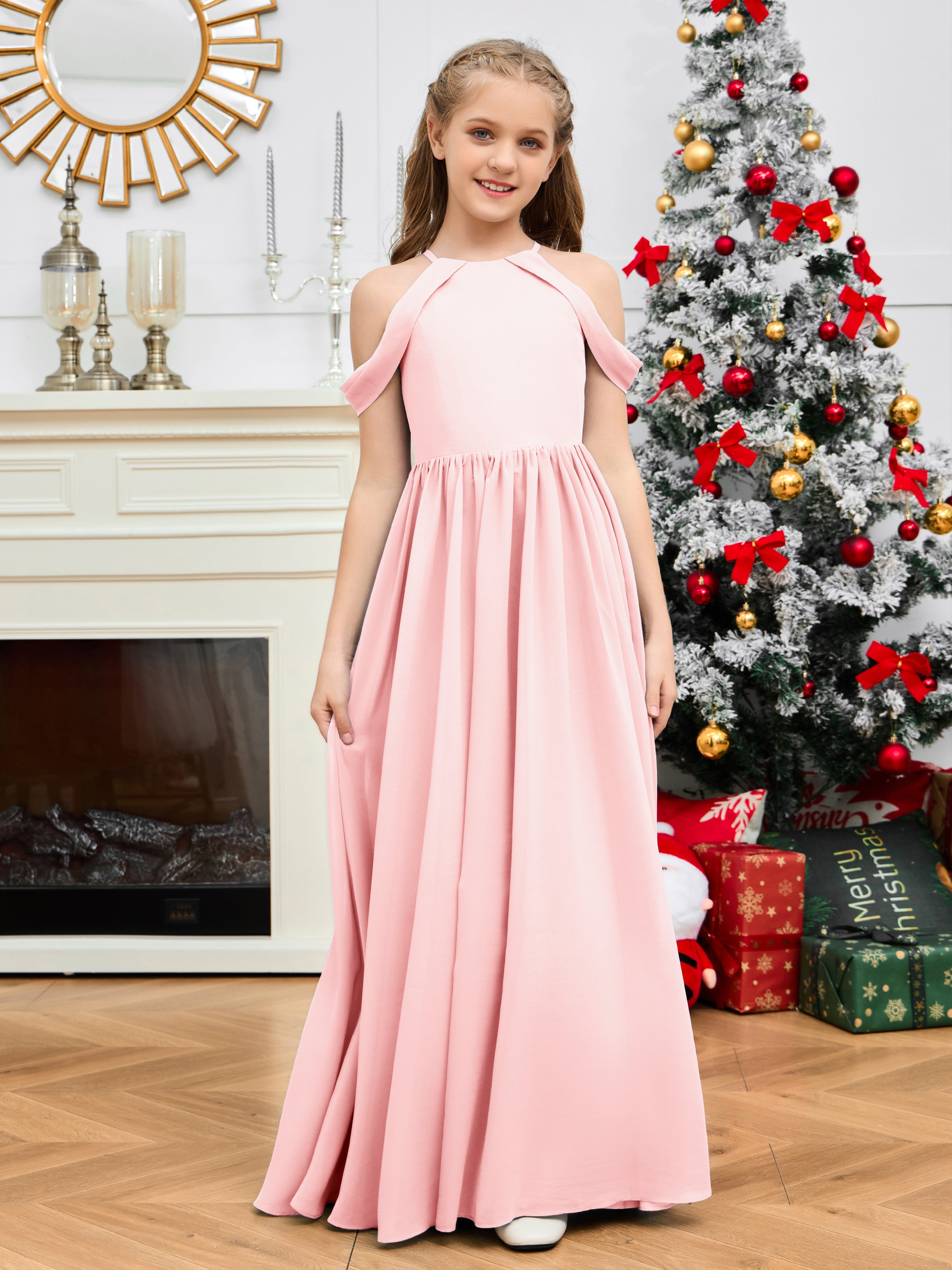 Sleeves Off Shoulder Chiffon Junior Bridesmaid Dress