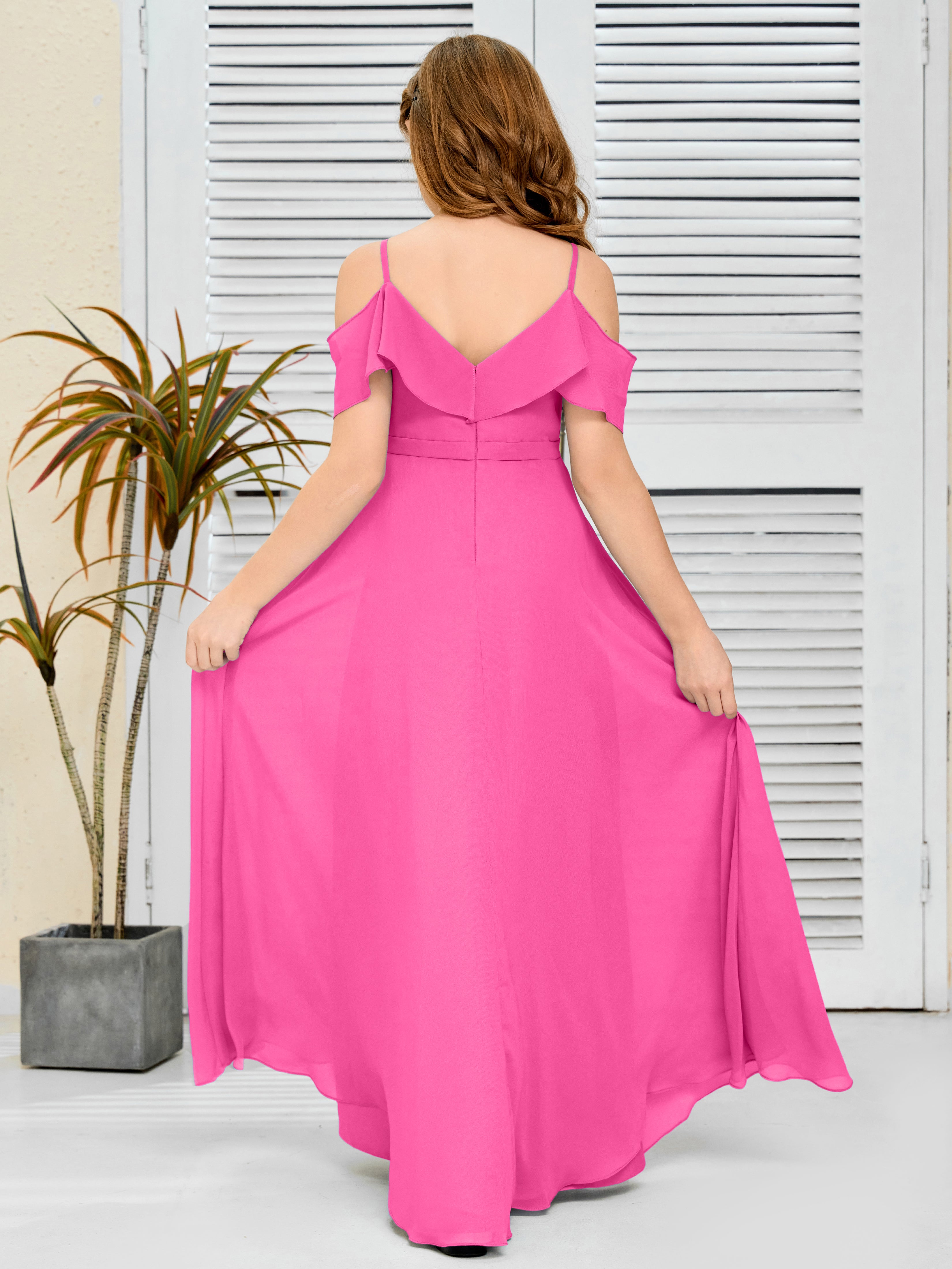 Spaghetti Straps V-Back Chiffon Junior Bridesmaid Dress