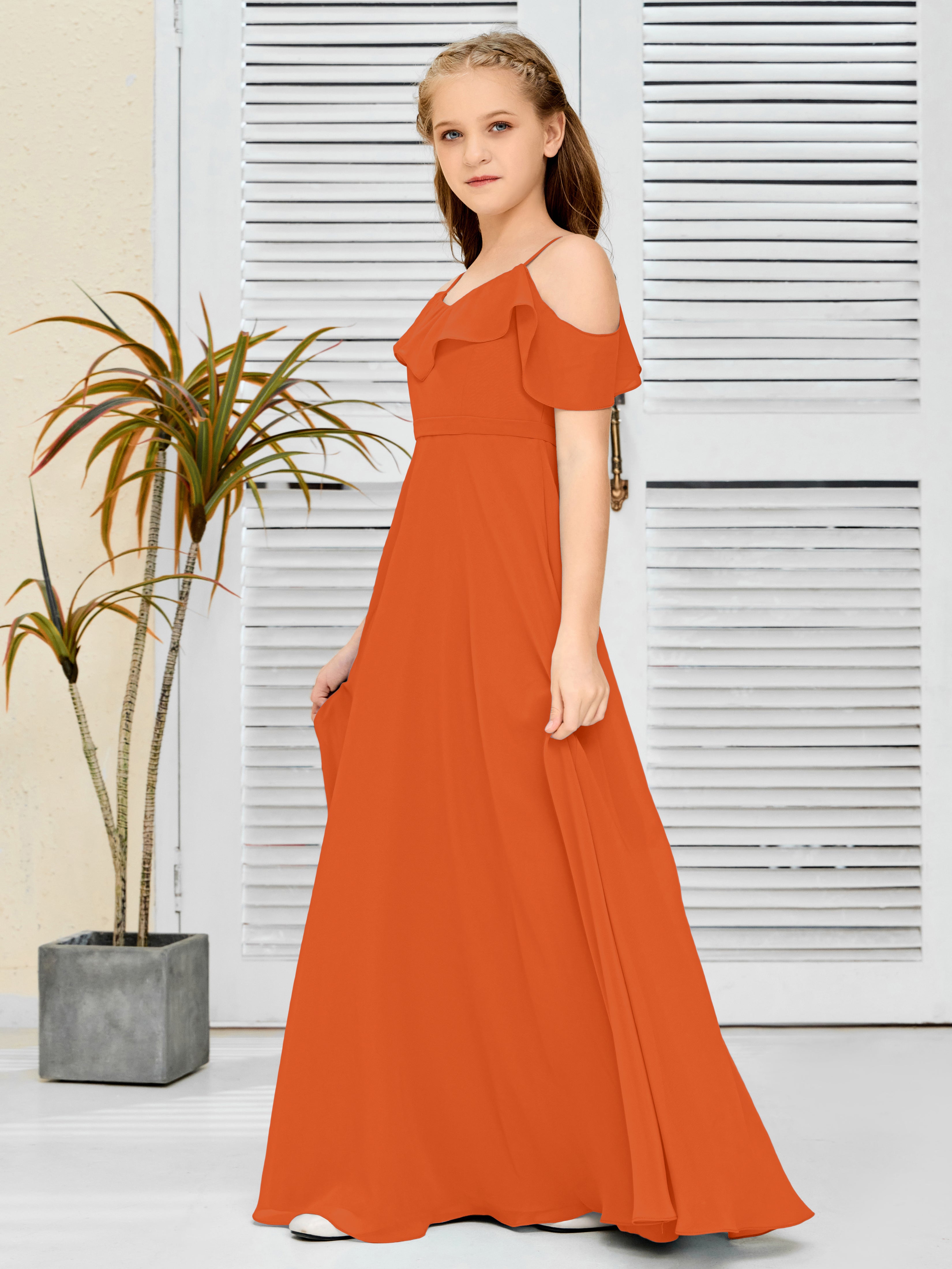 Spaghetti Straps V-Back Chiffon Junior Bridesmaid Dress