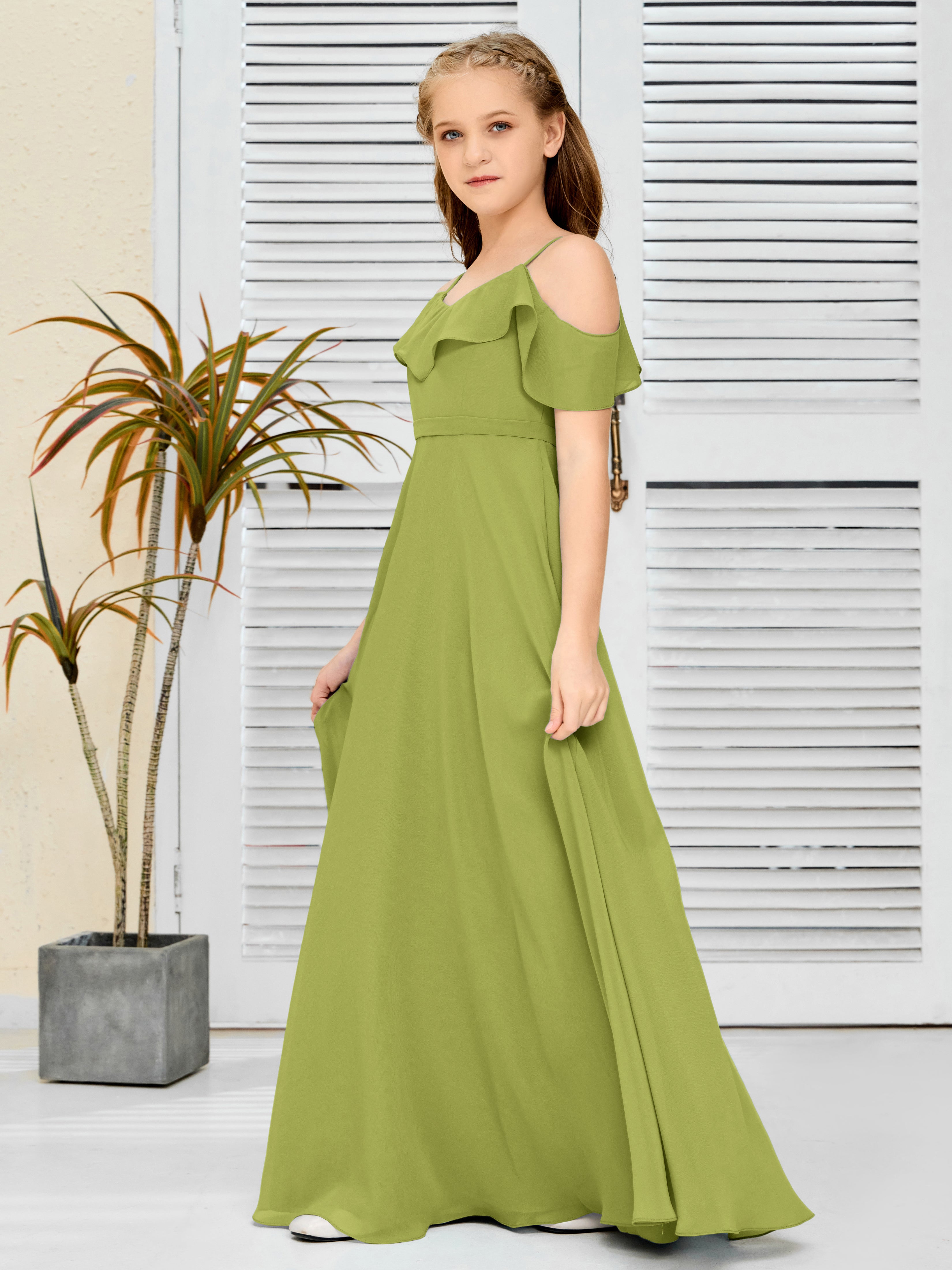 Spaghetti Straps V-Back Chiffon Junior Bridesmaid Dress