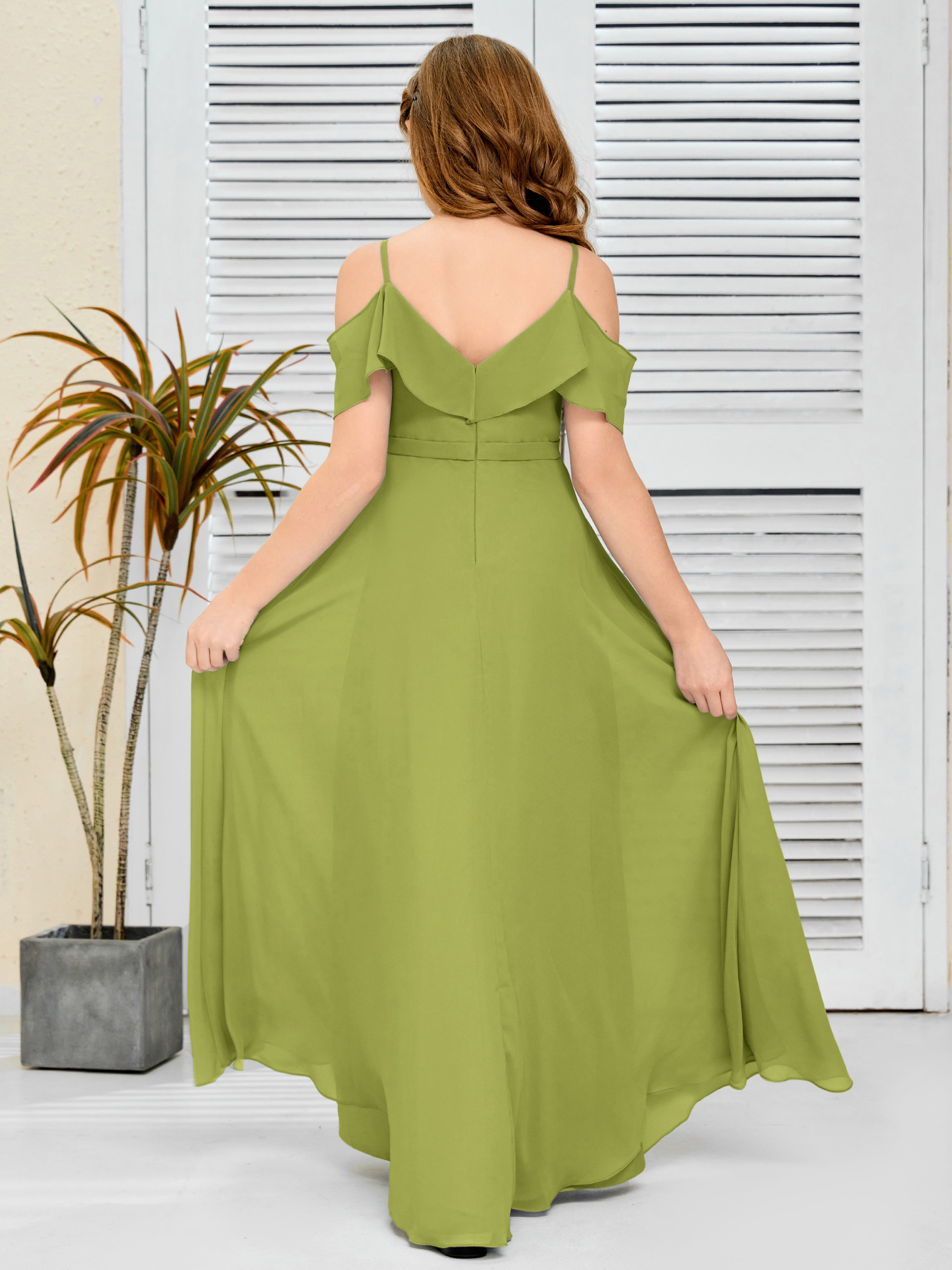 Spaghetti Straps V-Back Chiffon Junior Bridesmaid Dress