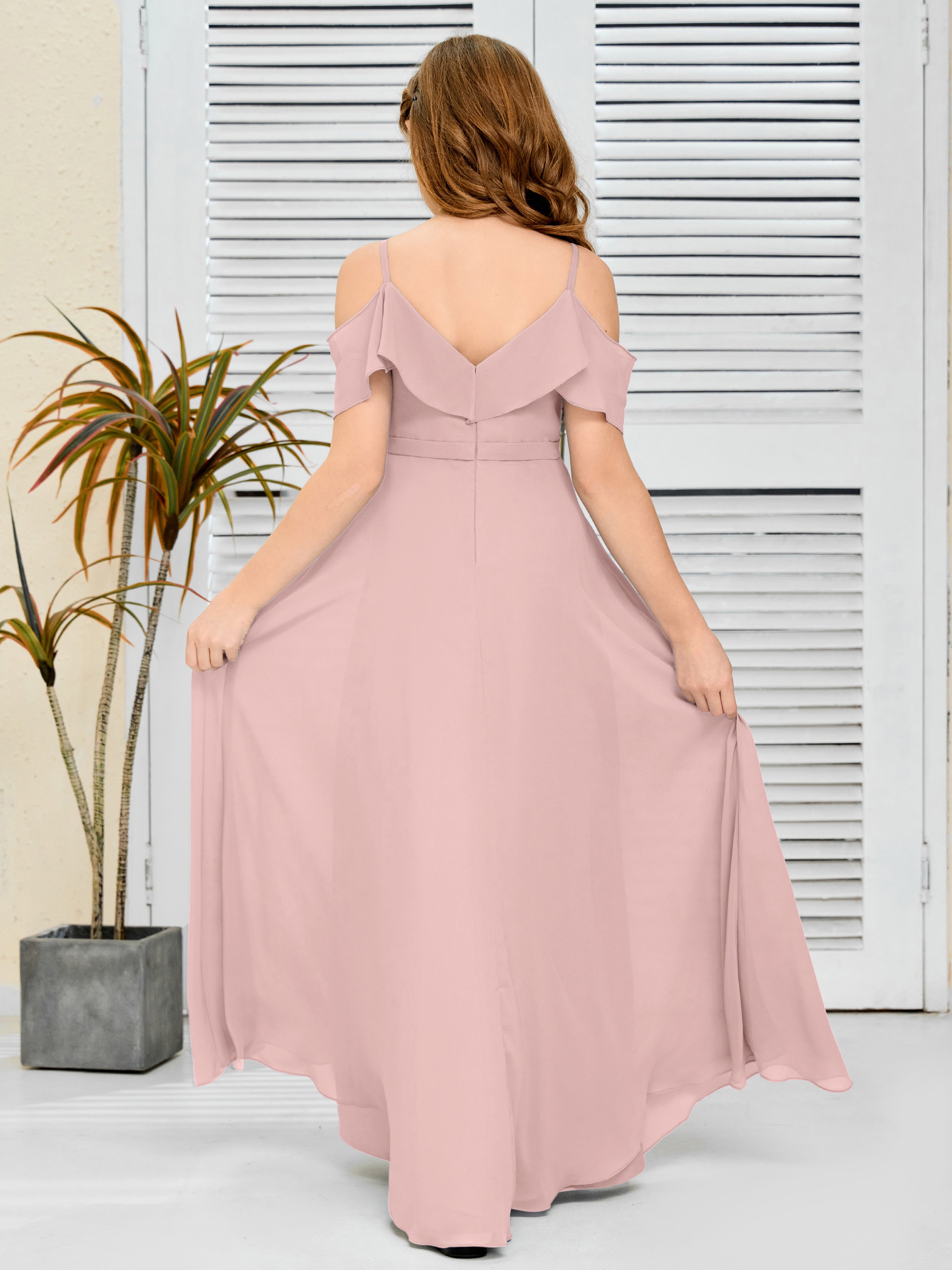 Spaghetti Straps V-Back Chiffon Junior Bridesmaid Dress