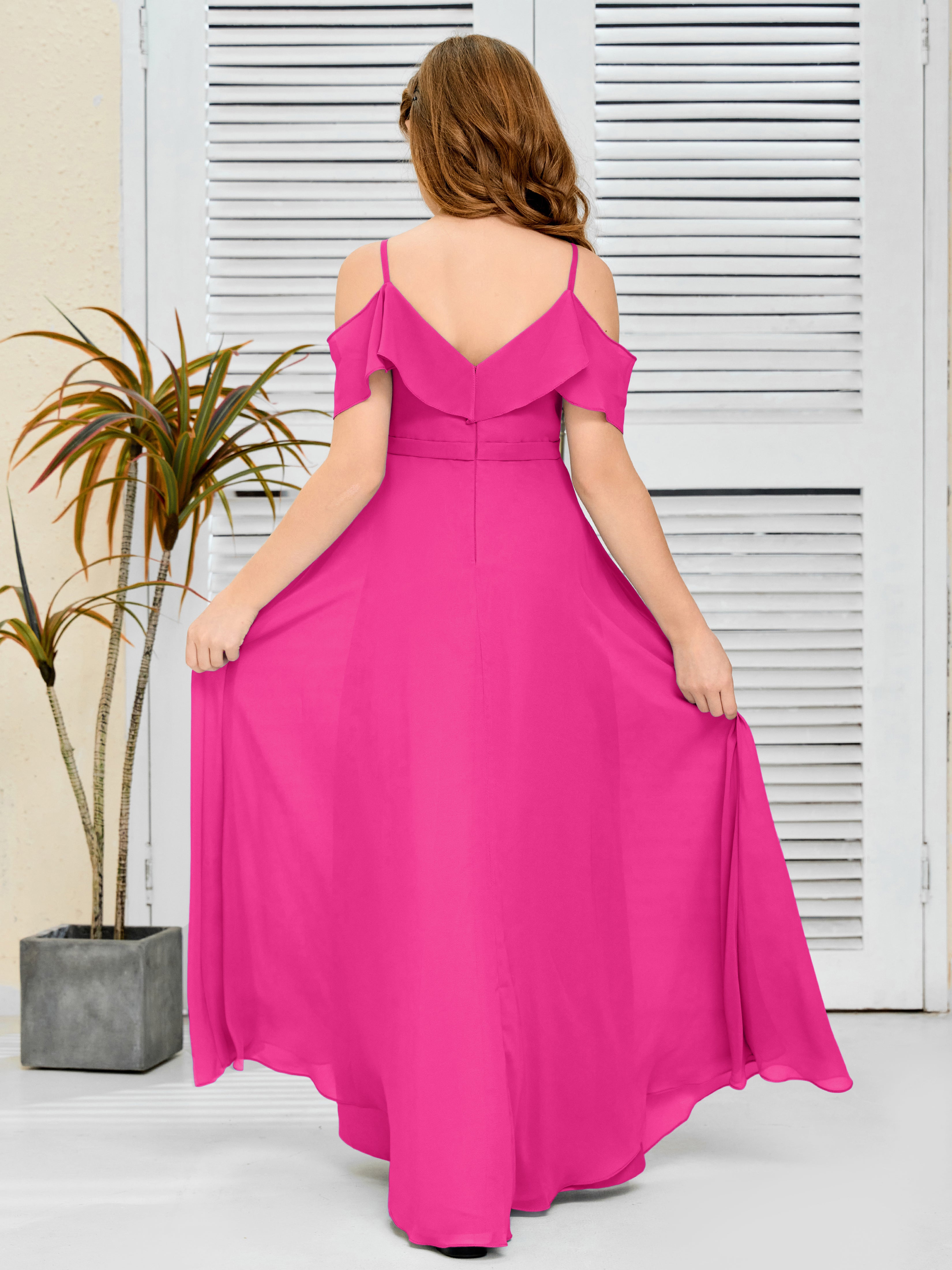 Spaghetti Straps V-Back Chiffon Junior Bridesmaid Dress