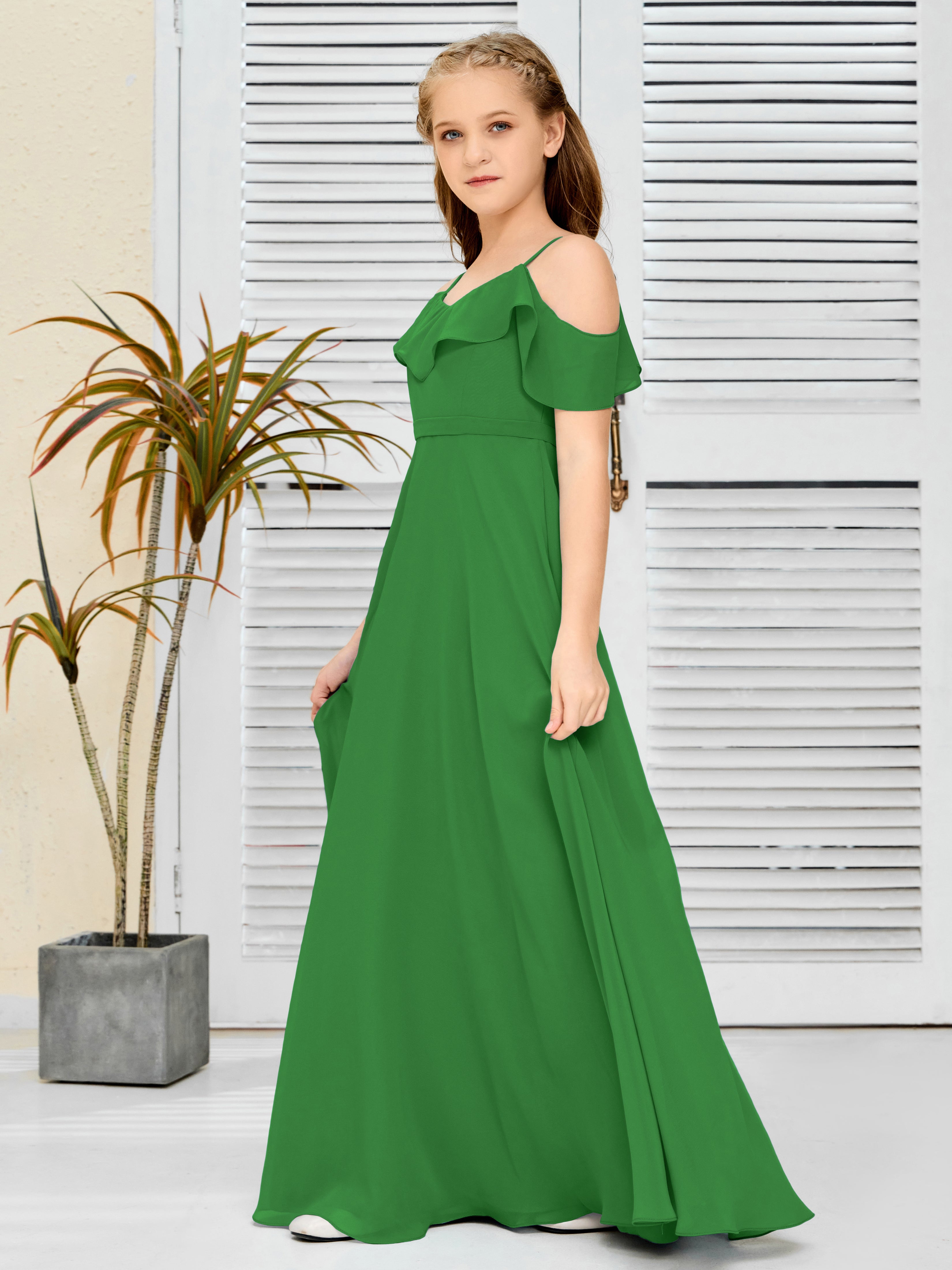 Spaghetti Straps V-Back Chiffon Junior Bridesmaid Dress
