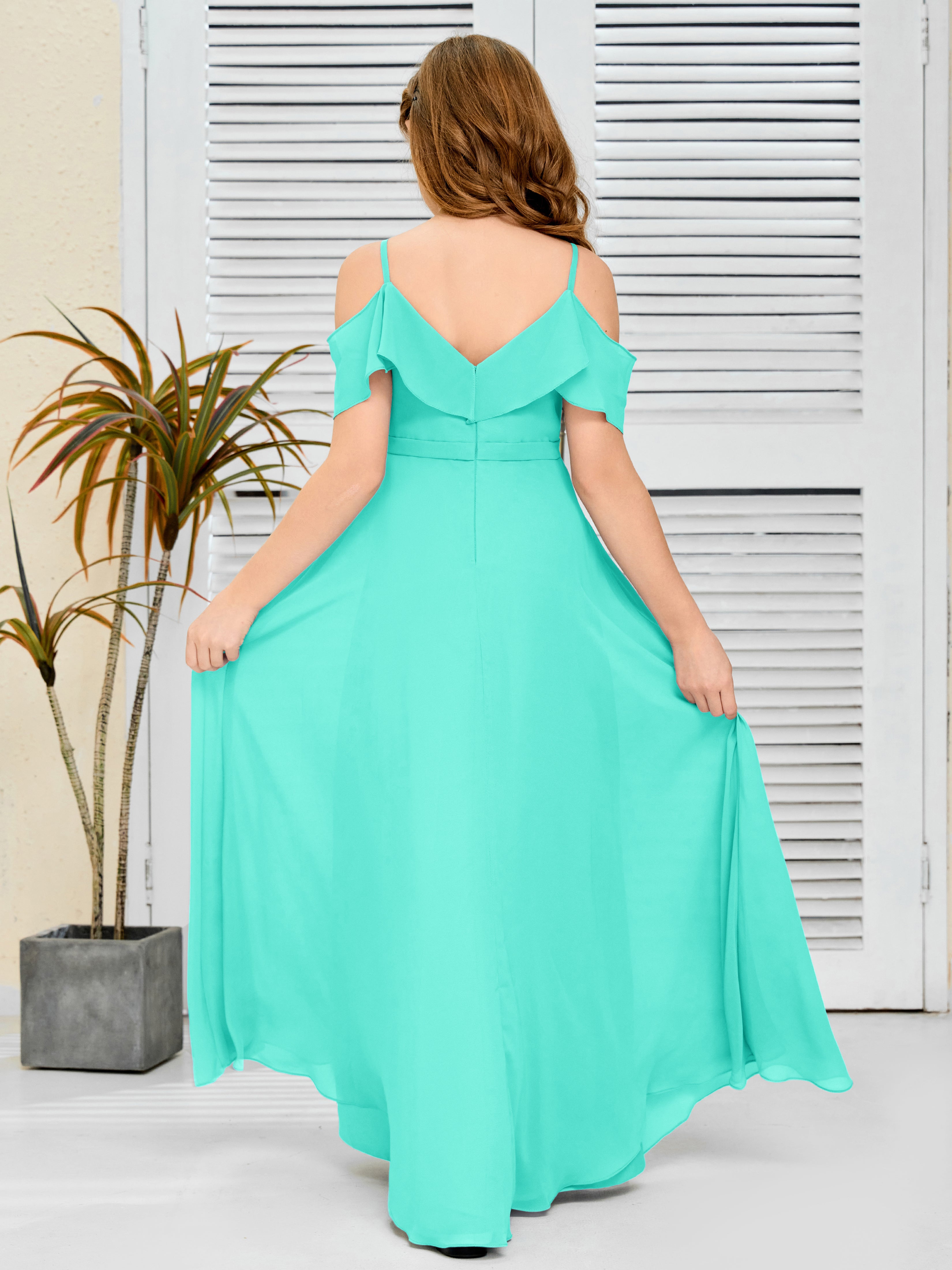 Spaghetti Straps V-Back Chiffon Junior Bridesmaid Dress