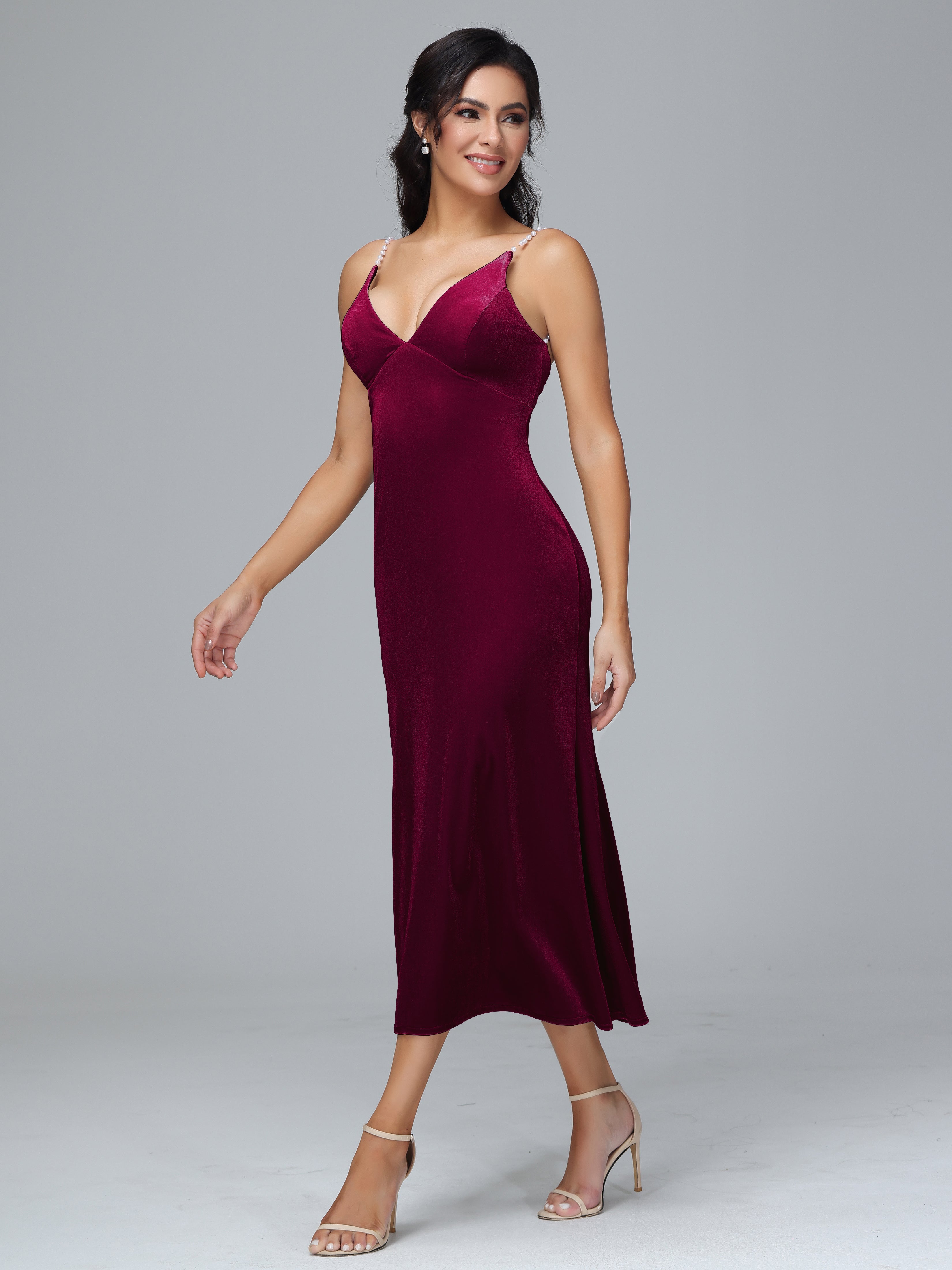 Spaghetti Straps V-Neck Tea Length Plus Size Bridesmaid Dresses