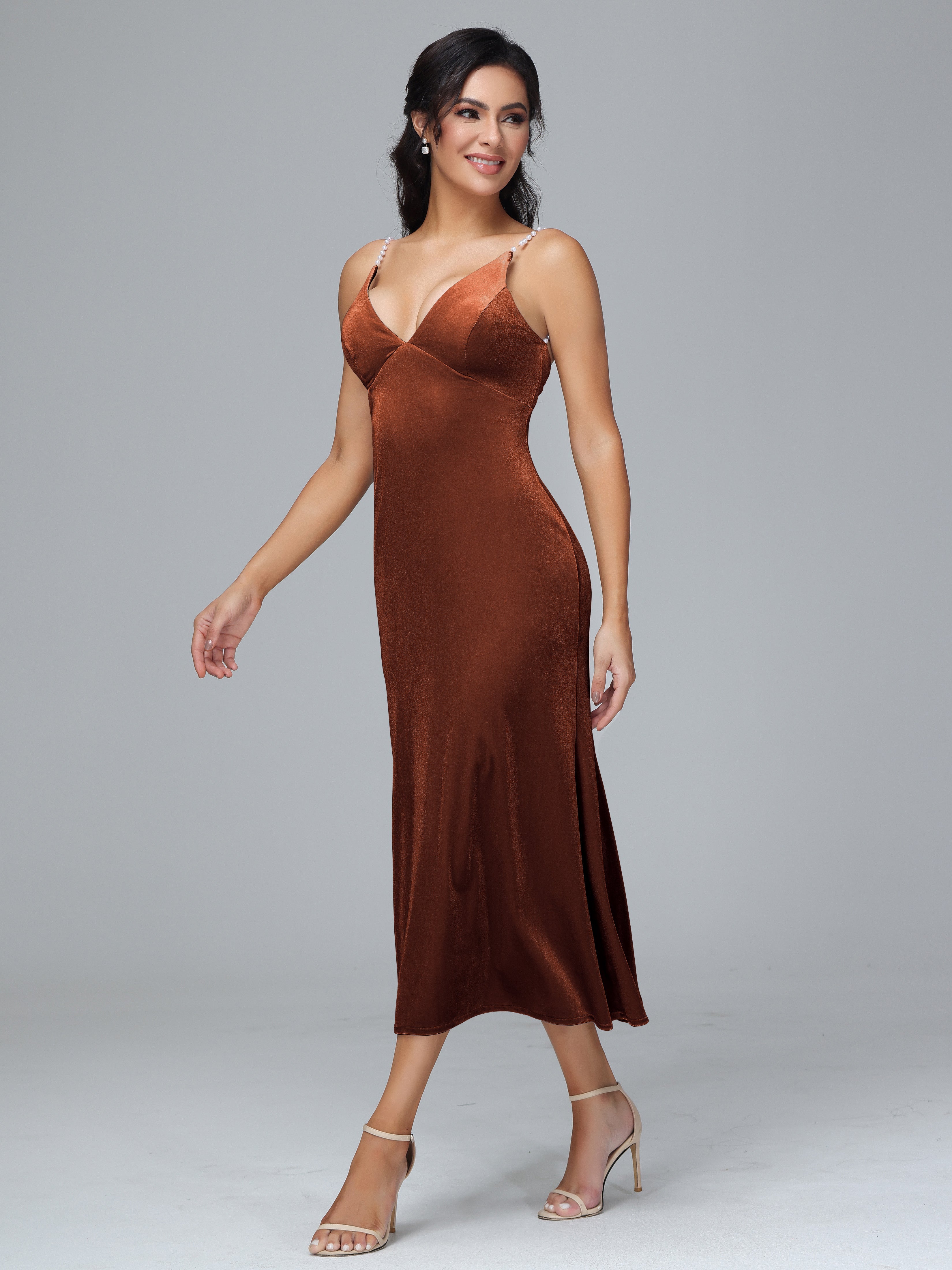 Spaghetti Straps V-Neck Tea Length Plus Size Bridesmaid Dresses